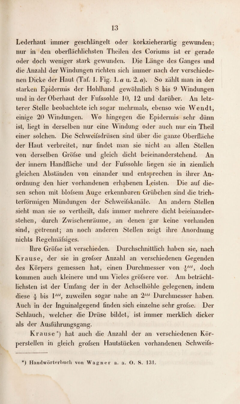 Lederhaut immer geschlängelt oder korkzieherartig gewunden; nur in den oberflächlichsten Theilen des Coriums ist er gerade oder doch weniger stark gewunden. Die Länge des Ganges und die Anzahl der Windungen richten sich immer nach der verschiede¬ nen Dicke der Haut (Taf. 1. Fig. 1 .ci u. 2.«). So zählt man in der starken Epidermis der Hohlhand gewöhnlich 8 bis 9 Windungen und in der Oberhaut der Fufssohle 10, 12 und darüber. An letz¬ terer Stelle beobachtete ich sogar mehrmals, ebenso wie Wendt, einige 20 Windungen. Wo hingegen die Epidermis sehr dünn ist, liegt in derselben nur eine Windung oder auch nur ein Theil einer solchen. Die Schweifsdrüsen sind über die ganze Oberfläche der Haut verbreitet, nur findet man sie nicht an allen Stellen von derselben Gröfse und gleich dicht beieinanderstehend. An der innern Handfläche und der Fufssohle liegen sie in ziemlich gleichen Abständen von einander und entsprechen in ihrer An¬ ordnung* den hier vorhandenen erhabenen Leisten. Die auf die- O * sen schon mit hlofsem Auge erkennbaren Grübchen sind die trich¬ terförmigen Mündungen der Schweifskanäle. An andern Stellen sieht man sie so vertheilt, dafs immer mehrere dicht beieinander¬ stehen, durch Zwischenräume, an denen gar keine vorhanden sind, getrennt; an noch anderen Stellen zeigt ihre Anordnung nichts Regelmäfsiges. Ihre Gröfse ist verschieden. Durchschnittlich haben sie, nach Krause, der sie in grofser Anzahl an verschiedenen Gegenden des Körpers gemessen hat, einen Durchmesser von -J-', doch kommen auch kleinere und um Vieles gröfsere vor. Am beträcht¬ lichsten ist der Umfang der in der Achselhöhle gelegenen, indem diese J- bis U, zuweilen sogar nahe an 2' Durchmesser haben. Auch in der Inguinalgegend finden sich einzelne sehr gröfse. Der Schlauch, welcher die Drüse bildet, ist immer merklich dicker als der Ausführungsgang. Krause*) hat auch die Anzahl der an verschiedenen Kör¬ perstellen in gleich grofsen Hautstücken vorhandenen Schweifs- *) Handwörterbuch von Wagner a. a. O. S. 131.