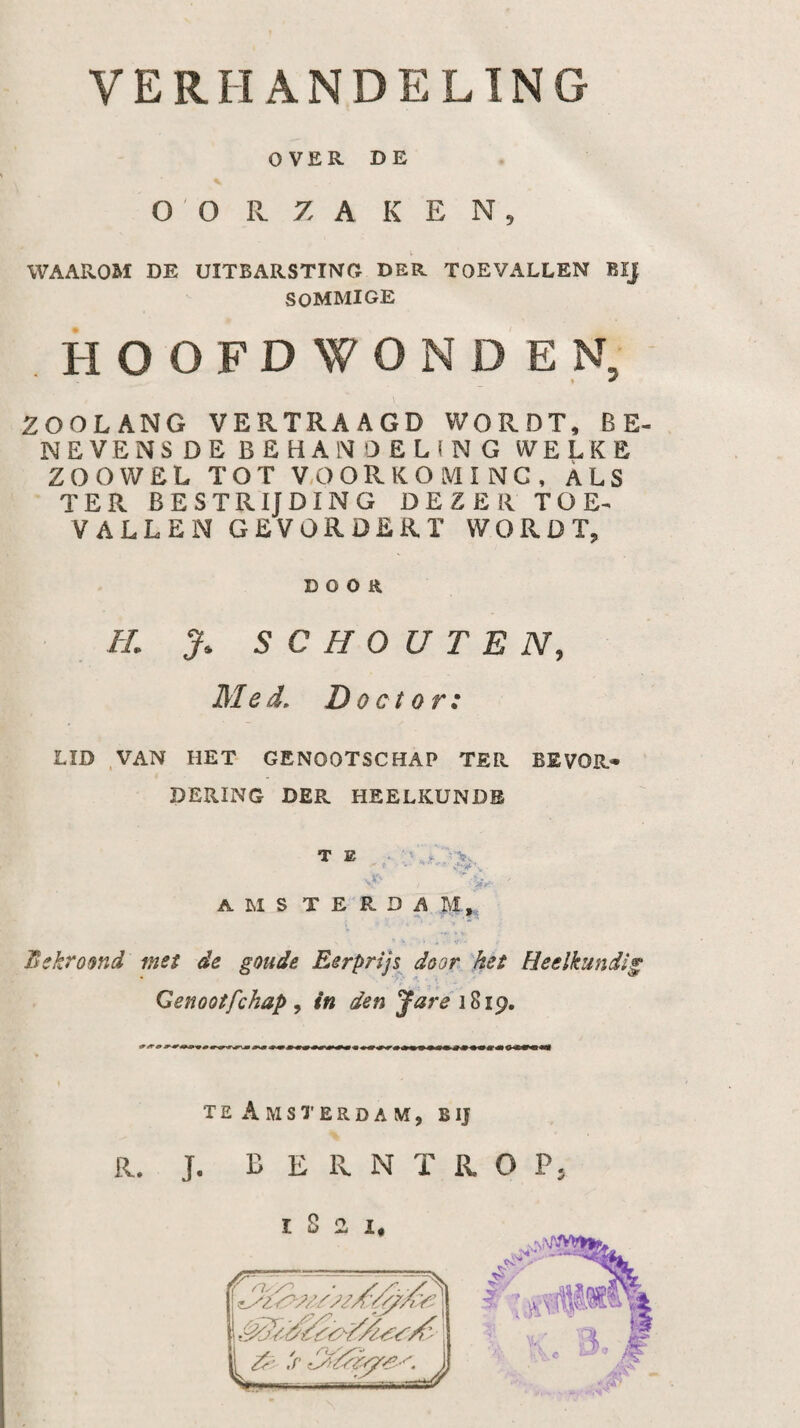 VERHANDELING OVER DE OORZAKEN, WAAROM DE UITBARSTING DER TOEVALLEN BIJ SOMMIGE HOOFDWONDEN, ZOOLANG VERTRAAGD WORDT, BE- NEVENSDE BEHANDELING WELKE ZOOWEL TOT VOORKOMING, ALS TER BESTRIJDING DEZER TOE¬ VALLEN GEVORDERT WORDT, c o o » H. J. SCHOUTEN, Med. Doctor: LID VAN HET GENOOTSCHAP TER. BEVOR.» BERING DER HEELKUNDE TE . 'N. AMS TERDAM,, •i Bekromd mei de goude Eerprijs^ door het Heelkundig Qenootfchap , in den Jare 1819. T E A M S T E R D A M , B IJ % R. J. B E R N T R. O P,