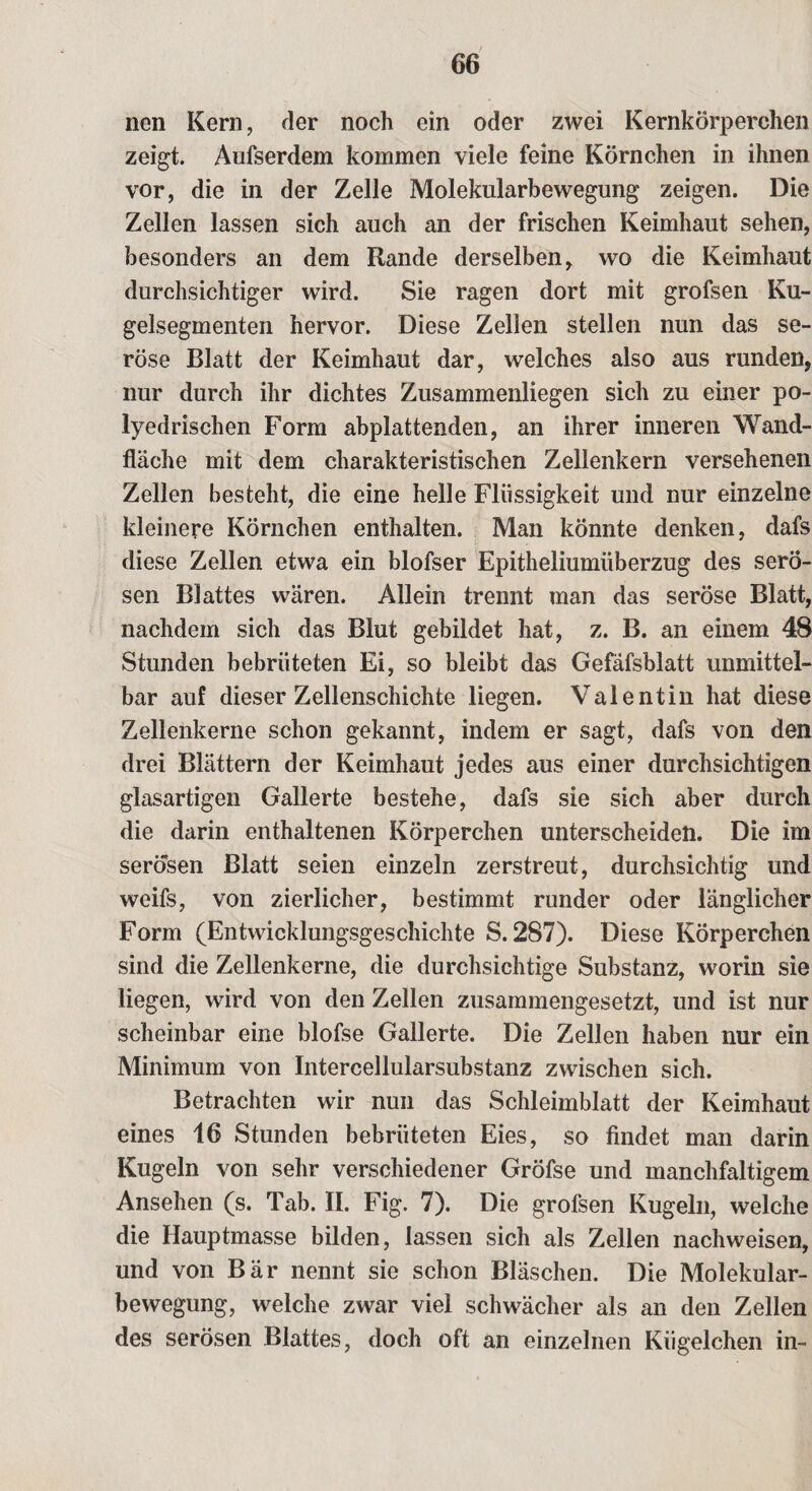 nen Kern, der noch ein oder zwei Kernkörperchen zeigt. Aufserdem kommen viele feine Körnchen in ihnen vor, die in der Zelle Molekularbewegung zeigen. Die Zellen lassen sich auch an der frischen Keimhaut sehen, besonders an dem Rande derselben, wo die Keimhaut durchsichtiger wird. Sie ragen dort mit grofsen Ku¬ gelsegmenten hervor. Diese Zellen stellen nun das se¬ röse Blatt der Keimhaut dar, welches also aus runden, nur durch ihr dichtes Zusammenliegen sich zu einer po- lyedrischen Form abplattenden, an ihrer inneren Wand- flache mit dem charakteristischen Zellenkern versehenen Zellen besteht, die eine helle Flüssigkeit und nur einzelne kleinere Körnchen enthalten. Man könnte denken, dafs diese Zellen etwa ein blofser Epitheliumüberzug des serö¬ sen Blattes wären. Allein trennt man das seröse Blatt, nachdem sich das Blut gebildet hat, z. B. an einem 48 Stunden bebrüteten Ei, so bleibt das Gefäfsblatt unmittel¬ bar auf dieser Zellenschichte liegen. Valentin hat diese Zellenkerne schon gekannt, indem er sagt, dafs von den drei Blättern der Keimhaut jedes aus einer durchsichtigen glasartigen Gallerte bestehe, dafs sie sich aber durch die darin enthaltenen Körperchen unterscheiden. Die im serösen Blatt seien einzeln zerstreut, durchsichtig und weifs, von zierlicher, bestimmt runder oder länglicher Form (Entwicklungsgeschichte S. 287). Diese Körperchen sind die Zellenkerne, die durchsichtige Substanz, worin sie liegen, wird von den Zellen zusammengesetzt, und ist nur scheinbar eine blofse Gallerte. Die Zellen haben nur ein Minimum von Intercellularsubstanz zwischen sich. Betrachten wir nun das Schleimblatt der Keimhaut eines 16 Stunden bebrüteten Eies, so findet man darin Kugeln von sehr verschiedener Gröfse und manchfaltigem Ansehen (s. Tab. II. Fig. 7). Die grofsen Kugeln, welche die Hauptmasse bilden, lassen sich als Zellen nachweisen, und von Bär nennt sie schon Bläschen. Die Molekular¬ bewegung, welche zwar viel schwächer als an den Zellen des serösen Blattes, doch oft an einzelnen Kügelchen in-