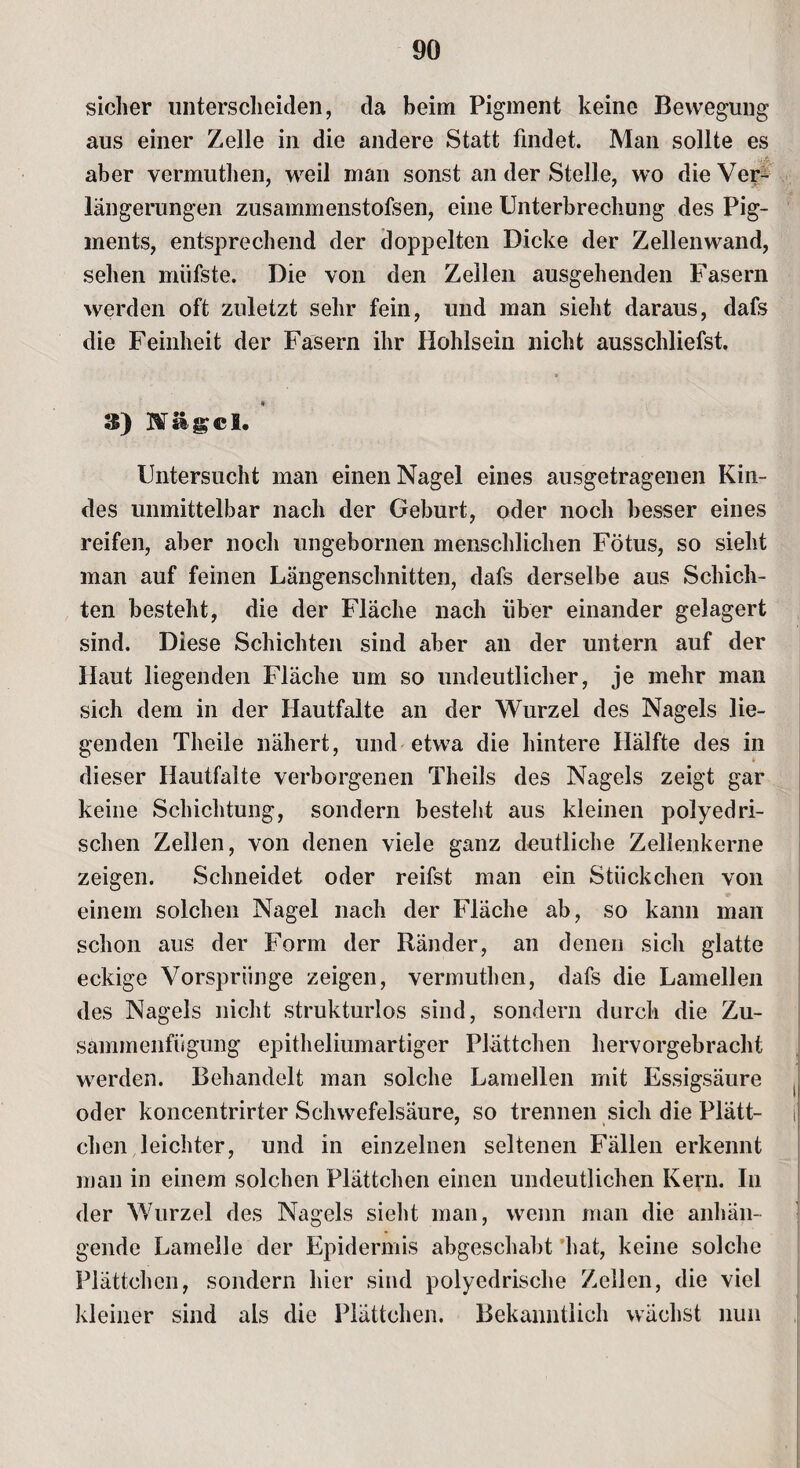 sicher unterscheiden, da beim Pigment keine Bewegung aus einer Zelle in die andere Statt findet. Man sollte es aber vermutlien, weil man sonst an der Stelle, wo die Ver¬ längerungen zusammenstofsen, eine Unterbrechung des Pig¬ ments, entsprechend der doppelten Dicke der Zellenwand, sehen müfste. Die von den Zeilen ausgehenden Fasern werden oft zuletzt sehr fein, und man sieht daraus, dafs die Feinheit der Fasern ihr Hohlsein nicht ausschliefst. * 3) Nägel. Untersucht man einen Nagel eines ausgetragenen Kin¬ des unmittelbar nach der Geburt, oder noch besser eines reifen, aber noch ungebornen menschlichen Fötus, so sieht man auf feinen Längenschnitten, dafs derselbe aus Schich¬ ten besteht, die der Fläche nach über einander gelagert sind. Diese Schichten sind aber an der untern auf der Haut liegenden Fläche um so undeutlicher, je mehr man sich dem in der Hautfalte an der Wurzel des Nagels lie¬ genden Theile nähert, und etwa die hintere Hälfte des in dieser Hautfalte verborgenen Theils des Nagels zeigt gar keine Schichtung, sondern besteht aus kleinen polyedri- schen Zellen, von denen viele ganz deutliche Zellenkerne zeigen. Schneidet oder reifst man ein Stückchen von einem solchen Nagel nach der Fläche ab, so kann man schon aus der Form der Ränder, an denen sich glatte eckige Vorsprünge zeigen, vermuthen, dafs die Lamellen des Nagels nicht strukturlos sind, sondern durch die Zu¬ sammenfügung epitheliumartiger Plättchen hervorgebracht werden. Behandelt man solche Lamellen mit Essigsäure oder koncentrirter Schwefelsäure, so trennen sich die Plätt- i eben leichter, und in einzelnen seltenen Fällen erkennt man in einem solchen Plättchen einen undeutlichen Kern. In der Wurzel des Nagels sieht man, wenn man die anhän- gende Lamelle der Epidermis abgeschabt hat, keine solche Plättchen, sondern hier sind polyedrische Zellen, die viel kleiner sind als die Plättchen. Bekanntlich wächst nun