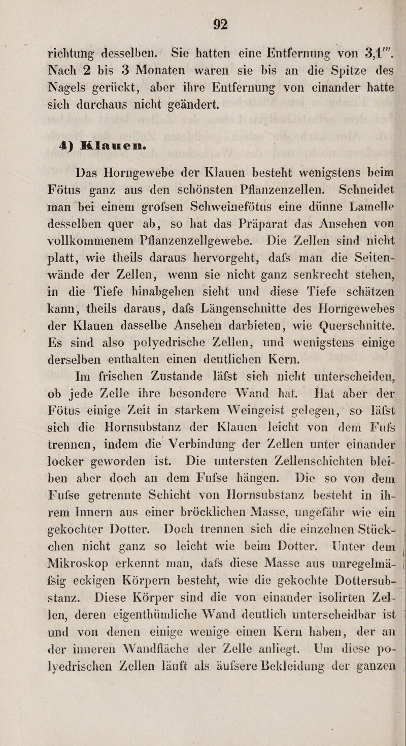 richtung desselben. Sie hatten eine Entfernung von 3,lm. Nach 2 bis 3 Monaten waren sie bis an die Spitze des Nagels gerückt, aber ihre Entfernung von einander hatte sich durchaus nicht geändert. 4) Miauen. Das Horngewebe der Klauen besteht wenigstens beim Fötus ganz aus den schönsten Pflanzenzellen. Schneidet man bei einem grofsen Schweinefötus eine dünne Lamelle desselben quer ab, so hat das Präparat das Ansehen von vollkommenem Pflanzenzellgewebe. Die Zellen sind nicht platt, wie theils daraus hervorgeht, dafs man die Seiten¬ wände der Zellen, wenn sie nicht ganz senkrecht stehen, in die Tiefe hinabgehen sieht und diese Tiefe schätzen kann, theils daraus, dafs Längenschnitte des Horngewebes der Klauen dasselbe Ansehen darbieten, wie Querschnitte. Es sind also polyedrische Zellen, und wenigstens einige derselben enthalten einen deutlichen Kern. Im frischen Zustande läfst sich nicht unterscheiden, ob jede Zelle ihre besondere Wand hat. Hat aber der Fötus einige Zeit in starkem Weingeist gelegen, so läfst sich die Hornsubstanz der Klauen leicht von dem Fufs trennen, indem die Verbindung der Zellen unter einander locker geworden ist. Die untersten Zellenschichten blei¬ ben aber doch an dem Fufse hängen. Die so von dem Fufse getrennte Schicht von Hornsubstanz besteht in ih¬ rem Innern aus einer bröcklichen Masse, ungefähr wie ein gekochter Dotter. Doch trennen sich die einzelnen Stück- j dien nicht ganz so leicht wie beim Dotter. Unter dem Mikroskop erkennt man, dafs diese Masse aus unregelmä- t fsig eckigen Körpern besteht, wie die gekochte Dottersub¬ stanz. Diese Körper sind die von einander isolirten Zel¬ len, deren eigenthümliche Wand deutlich unterscheidbar ist und von denen einige wenige einen Kern haben, der an der inneren Wandfläche der Zelle anliegt. Um diese po- lyedrischen Zellen läuft als äufsere Bekleidung der ganzen