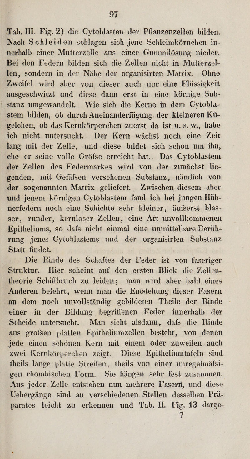 91 Tab. III. Fig. 2) die Cytoblasten der Fflanzenzellen bilden. Nach Schleiden schlagen sich jene Schleimkörnchen in¬ nerhalb einer Mutterzelle aus einer Gummilösung nieder. Bei den Federn bilden sich die Zellen nicht in Mutterzel¬ len, sondern in der Nähe der organisirten Matrix. Ohne Zweifel wird aber von dieser auch nur eine Flüssigkeit ausgeschwitzt lind diese dann erst in eine körnige Sub¬ stanz umgewandelt. Wie sich die Kerne in dem Cytobla- stem bilden, ob durch Aneinanderfiigung der kleineren Kü¬ gelchen, ob das Kernkörperchen zuerst da ist u. s. w., habe ich nicht untersucht. Der Kern wächst noch eine Zeit lang mit der Zelle, und diese bildet sich schon um ihn, ehe er seine volle Gröfse erreicht hat. Das Cytoblastem der Zellen des Federmarkes wird von der zunächst lie¬ genden, mit Gefäfsen versehenen Substanz, nämlich von der sogenannten Matrix geliefert. Zwischen diesem aber und jenem körnigen Cytoblastem fand ich bei jungen Hüh¬ nerfedern noch eine Schichte sehr kleiner, äufserst blas¬ ser, runder, kernloser Zellen, eine Art unvollkommenen Epitheliums, so dafs nicht einmal eine unmittelbare Berüh¬ rung jenes Cytoblastems und der organisirten Substanz Statt findet. Die Rinde des Schaftes der Feder ist von faseriger Struktur. Hier scheint auf den ersten Blick die Zellen¬ theorie Schiffbruch zu leiden; man wird aber bald eines Anderen belehrt, wenn man die Entstehung dieser Fasern an dem noch unvollständig gebildeten Theile der Rinde einer in der Bildung begriffenen Feder innerhalb der Scheide untersucht. Man sieht alsdann, dafs die Rinde aus grofsen platten Epitheliumzellen besteht, von denen jede einen schönen Kern mit einem oder zuweilen auch zwei Kernkörperchen zeigt. Diese Epitheliumtafeln sind theils lange platte Streifen, theils von einer unregelmäfsi- gen rhombischen Form. Sie hängen sehr fest zusammen. Aus jeder Zelle entstehen nun mehrere Faserri, und diese Uebergänge sind an verschiedenen Stellen desselben Prä¬ parates leicht zu erkennen und Tab. II. Fig. 13 darge-