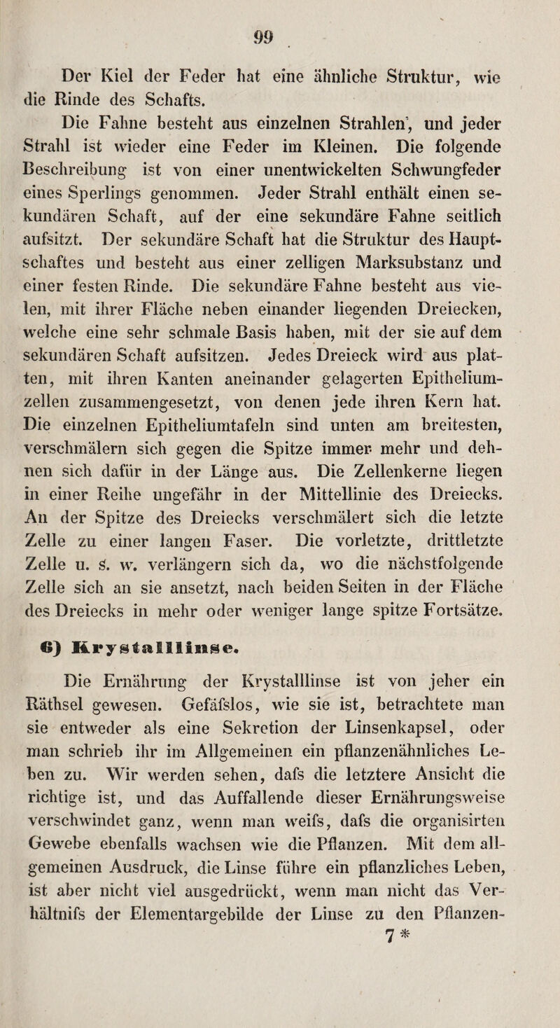 Der Kiel der Feder hat eine ähnliche Struktur, wie die Rinde des Schafts. Die Fahne besteht aus einzelnen Strahlen’, und jeder Strahl ist wieder eine Feder im Kleinen. Die folgende Beschreibung ist von einer unentwickelten Schwungfeder eines Sperlings genommen. Jeder Strahl enthält einen se¬ kundären Schaft, auf der eine sekundäre Fahne seitlich aufsitzt. Der sekundäre Schaft hat die Struktur des Haupt¬ schaftes und besteht aus einer zelligen Marksubstanz und einer festen Rinde. Die sekundäre Fahne besteht aus vie¬ len, mit ihrer Fläche neben einander liegenden Dreiecken, welche eine sehr schmale Basis haben, mit der sie auf dem sekundären Schaft aufsitzen. Jedes Dreieck wird aus plat¬ ten, mit ihren Kanten aneinander gelagerten Epithelium- zellen zusammengesetzt, von denen jede ihren Kern hat. Die einzelnen Epitheliumtafeln sind unten am breitesten, verschmälern sich gegen die Spitze immer- mehr und deh¬ nen sich dafür in der Länge aus. Die Zellenkerne liegen in einer Reihe ungefähr in der Mittellinie des Dreiecks. An der Spitze des Dreiecks verschmälert sich die letzte Zelle zu einer langen Faser. Die vorletzte, drittletzte Zelle u. S. w. verlängern sich da, wo die nächstfolgende Zelle sich an sie ansetzt, nach beiden Seiten in der Fläche des Dreiecks in mehr oder weniger lange spitze Fortsätze. ©) Krystalllinse« Die Ernährung der Krystalllinse ist von jeher ein Räthsel gewesen. Gefafslos, wie sie ist, betrachtete man sie entweder als eine Sekretion der Linsenkapsel, oder man schrieb ihr im Allgemeinen ein pflanzenähnliches Le¬ ben zu. Wir werden sehen, dafs die letztere Ansicht die richtige ist, und das Auffallende dieser Ernährungsweise verschwindet ganz, wenn man weifs, dafs die organisirten Gewebe ebenfalls wachsen wie die Pflanzen. Mit dem all¬ gemeinen Ausdruck, die Linse führe ein pflanzliches Leben, ist aber nicht viel ausgedrückt, wenn man nicht das Ver- liältnifs der Elementargebilde der Linse zu den Pflanzen- 7 *
