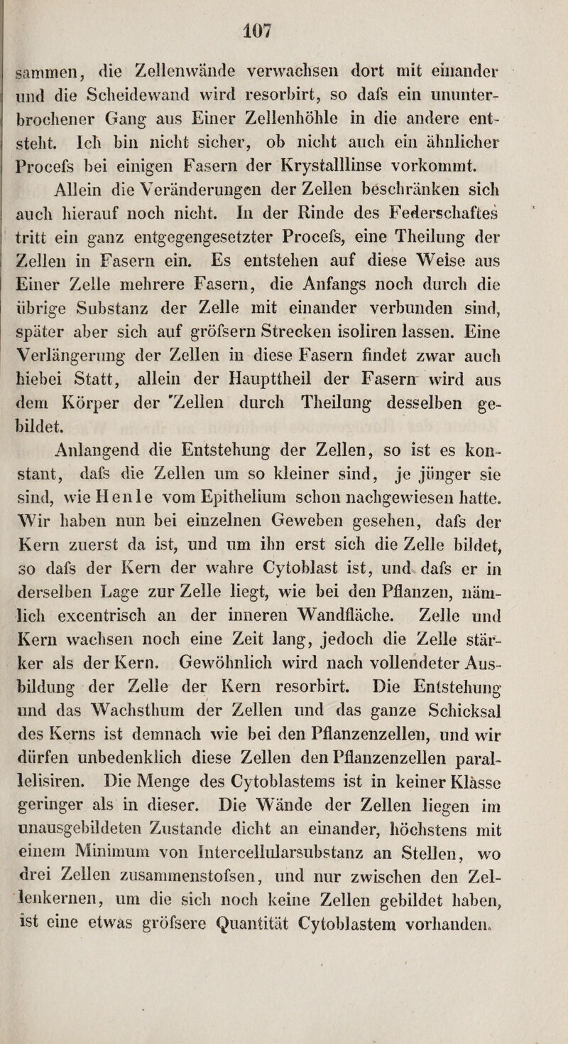 sammen, die Zellenwände verwachsen dort mit einander und die Scheidewand wird resorbirt, so dafs ein ununter¬ brochener Gang aus Einer Zellenhöhle in die andere ent¬ steht. Ich bin nicht sicher, ob nicht auch ein ähnlicher Procefs bei einigen Fasern der Krystalllinse vorkommt. Allein die Veränderungen der Zellen beschränken sich auch hierauf noch nicht. In der Rinde des Federschaftes tritt ein ganz entgegengesetzter Procefs, eine Theilung der Zellen in Fasern ein. Es entstehen auf diese Weise aus Einer Zelle mehrere Fasern, die Anfangs noch durch die übrige Substanz der Zelle mit einander verbunden sind, später aber sich auf gröfsern Strecken isoliren lassen. Eine Verlängerung der Zellen in diese Fasern findet zwar auch hiebei Statt, allein der Haupttheil der Fasern wird aus dem Körper der 'Zellen durch Theilung desselben ge¬ bildet. Anlangend die Entstehung der Zellen, so ist es kon¬ stant, dafs die Zellen um so kleiner sind, je jünger sie sind, wieHenle vom Epithelium schon nachgewiesen hatte. Wir haben nun bei einzelnen Geweben gesehen, dafs der Kern zuerst da ist, und um ihn erst sich die Zelle bildet, so dafs der Kern der wahre Cytoblast ist, und dafs er in derselben Lage zur Zelle liegt, wie bei den Pflanzen, näm¬ lich excentrisch an der inneren Wandfläche. Zelle und Kern wachsen noch eine Zeit lang, jedoch die Zelle stär¬ ker als der Kern. Gewöhnlich wird nach vollendeter Aus¬ bildung der Zelle der Kern resorbirt. Die Entstehung und das Wachsthum der Zellen und das ganze Schicksal des Kerns ist demnach wie bei den Pflanzenzellen, und wir dürfen unbedenklich diese Zellen den Pflanzenzellen paral- lelisiren. Die Menge des Cytoblastems ist in keiner Klasse geringer als in dieser. Die Wände der Zellen liegen im unausgebildeten Zustande dicht an einander, höchstens mit einem Minimum von Intercellularsubstanz an Stellen, wo drei Zellen zusammenstofsen, und nur zwischen den Zel¬ lenkernen, um die sich noch keine Zellen gebildet haben, ist eine etwas gröfsere Quantität Cytoblastem vorhanden