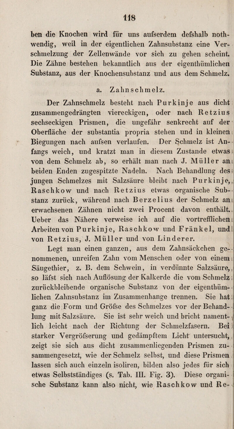 ben die Knochen wird für uns aufserdem defshalb noth- wendig, weil in der eigentlichen Zahnsubstanz eine Ver¬ schmelzung der Zellenwände vor sich zu gehen scheint. Die Zähne bestehen bekanntlich aus der eigenthiimlichen Substanz, aus der Knochensubstanz und aus dem Schmelz. a. Zahnschmelz. Der Zahnschmelz besteht nach Purkinje aus dicht zusammengedrängten viereckigen, oder nach Retzius sechseckigen Prismen, die ungefähr senkrecht auf der Oberfläche der substantia propria stehen und in kleinen Biegungen nach aufsen verlaufen. Der Schmelz ist An¬ fangs weich, und kratzt man in diesem Zustande etwas von dem Schmelz ab, so erhält man nach J. Müller ani beiden Enden zugespitzte Nadeln. Nach Behandlung des jungen Schmelzes mit Salzsäure bleibt nach Purkinje, Raschkow und nach Retzius etwas organische Sub¬ stanz zurück, wrährend nach Berzelius der Schmelz ani erwachsenen Zähnen nicht zwei Procent davon enthält. Ueber das Nähere verweise ich auf die vortrefflichem Arbeiten von Purkinje, Raschkow und Fränkel, und von Retzius, J. Müller und von Linderer. Legt man einen ganzen, aus dem Zahnsäckchen ge¬ nommenen, unreifen Zahn vom Menschen oder von einem i Säugethier, z. B. dem Schwein, in verdünnte Salzsäure, so läfst sich nach Auflösung der Kalkerde die vom Schmelz zurückbleibende organische Substanz von der eigenthüm- ■ liehen Zahnsubstanz im Zusammenhänge trennen. Sie hat ganz die Form und Gröfse des Schmelzes vor der Behand¬ lung mit Salzsäure. Sie ist sehr weich und bricht nament- lieh leicht nach der Richtung der Schmelzfasern. Bei :i starker Vergröfserung und gedämpftem Licht untersucht, zeigt sie sich aus dicht zusammenliegenden Prismen zu¬ sammengesetzt, wie der Schmelz selbst, und diese Prismen lassen sich auch einzeln isoliren, bilden also jedes für sich etwas Selbstständiges (s. Tab. III. Fig. 3). Diese organi- i sehe Substanz kann also nicht, wie Raschkow und Re-