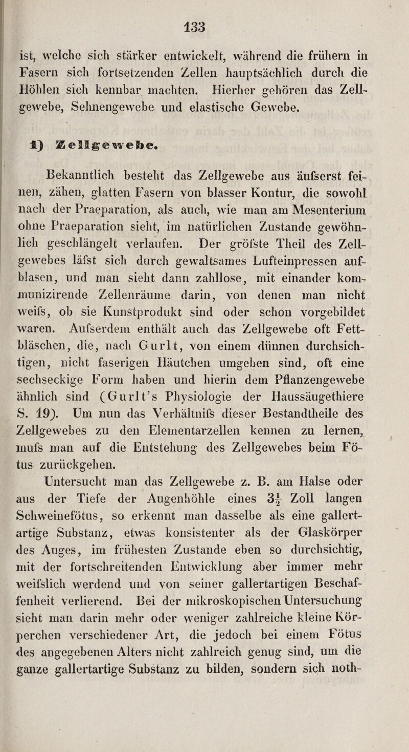 ist, welche sich stärker entwickelt, während die frühem in Fasern sich fortsetzenden Zellen hauptsächlich durch die Höhlen sich kennbar machten. Hierher gehören das Zell¬ gewebe, Sehnengewebe und elastische Gewebe. 1) Zellgewebe* Bekanntlich besteht das Zellgewebe aus äufserst fei¬ nen, zähen, glatten Fasern von blasser Kontur, die sowohl nach der Praeparation, als auch, wie man am Mesenterium ohne Praeparation sieht, im natürlichen Zustande gewöhn¬ lich geschlängelt verlaufen. Der gröfste Theil des Zell¬ gewebes läfst sich durch gewaltsames Lufteinpressen auf¬ blasen, und man sieht dann zahllose, mit einander kom- munizirende Zellenräume darin, von denen man nicht weifs, ob sie Kunstprodukt sind oder schon vorgebildet waren. Aufserdem enthält auch das Zellgewebe oft Fett¬ bläschen, die, nach Gurlt, von einem dünnen durchsich¬ tigen, nicht faserigen Häutchen umgeben sind, oft eine sechseckige Form haben und hierin dem Pflanzengewebe ähnlich sind (Gurlt’s Physiologie der Haussäugethiere S. 19). Um nun das Verhältnis dieser Bestandtheile des Zellgewebes zu den Elementarzellen kennen zu lernen, mufs man auf die Entstehung des Zellgewebes beim Fö¬ tus zurückgehen. Untersucht man das Zellgewebe z. B. am Halse oder aus der Tiefe der Augenhöhle eines 3^ Zoll langen Schweinefötus, so erkennt man dasselbe als eine gallert¬ artige Substanz, etwas konsistenter als der Glaskörper des Auges, im frühesten Zustande eben so durchsichtig, mit der fortschreitenden Entwicklung aber immer mehr weifslich werdend und von seiner gallertartigen Beschaf¬ fenheit verlierend. Bei der mikroskopischen Untersuchung sieht man darin mehr oder weniger zahlreiche kleine Kör¬ perchen verschiedener Art, die jedoch bei einem Fötus des angegebenen Alters nicht zahlreich genug sind, um die ganze gallertartige Substanz zu bilden, sondern sich noth-