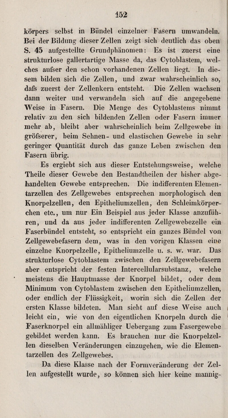körpers selbst in Bündel einzelner Fasern um wandeln. Bei der Bildung dieser Zellen zeigt sieb deutlich das oben S. 45 aufgestellte Grundphänomen: Es ist zuerst eine strukturlose gallertartige Masse da, das Cytoblastem, wel¬ ches aufser den schon vorhandenen Zellen liegt. In die¬ sem bilden sich die Zellen, und zwar wahrscheinlich so, dafs zuerst der Zellenkern entsteht. Die Zellen wachsen dann weiter und verwandeln sich auf die angegebene Weise in Fasern. Die Menge des Cytoblastems nimmt relativ zu den sich bildenden Zellen oder Fasern immer mehr ab, bleibt aber wahrscheinlich beim Zellgewebe in gröfserer, beim Sehnen- und elastischen Gewebe in sehr geringer Quantität durch das ganze Leben zwischen den Fasern übrig. Es ergiebt sich aus dieser Entstehungsweise, welche Theile dieser Gewebe den Bestandtheilen der bisher abge¬ handelten Gewebe entsprechen. Die indifferenten Elemen¬ tarzellen des Zellgewebes entsprechen morphologisch den Knorpelzellen, den Epitheliumzellen, den Schleimkörper¬ chen etc,, um nur Ein Beispiel aus jeder Klasse anzufüh¬ ren, und da aus jeder indifferenten Zellgewebezelle ein Faserbündel entsteht, so entspricht ein ganzes Bündel von Zellgewebefasern dem, was in den vorigen Klassen eine einzelne Knorpelzelle, Epitheliumzelle u. s. w. war. Das strukturlose Cytoblastem zwischen den ZellgewTebefasern aber entspricht der festen Intercellularsubstanz, welche meistens die Hauptmasse der Knorpel bildet, oder dem Minimum von Cytoblastem zwischen den Epitheliumzellen, oder endlich der Flüssigkeit, worin sich die Zellen der ersten Klasse bildeten. Man sieht auf diese Weise auch i leicht ein, wie von den eigentlichen Knorpeln durch die Faserknorpel ein allmähliger Uebergang zum Fasergewebe gebildet werden kann. Es brauchen nur die Knorpelzel¬ len dieselben Veränderungen einzugehen, wie die Elemen¬ tarzellen des Zellgewebes. Da diese Klasse nach der Formveränderung der Zel¬ len aufgestellt wurde, so können sich hier keine mannig-