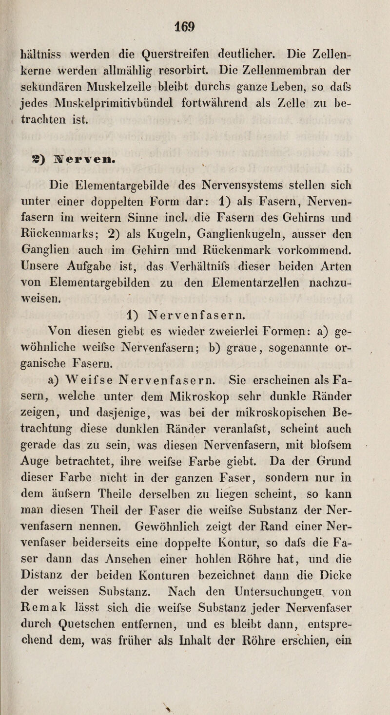 haltniss werden die Querstreifen deutlicher. Die Zellen¬ kerne werden allmählig resorbirt. Die Zellenmembran der sekundären Muskelzelle bleibt durchs ganze Leben, so dafs jedes Muskelprimitivbündel fortwährend als Zelle zu be¬ trachten ist. S) ISS erveii. Die Elementargebilde des Nervensystems stellen sich unter einer doppelten Form dar: 1) als Fasern, Nerven¬ fasern im weitern Sinne incl. die Fasern des Gehirns und Rückenmarks; 2) als Kugeln, Ganglienkugeln, ausser den Ganglien auch im Gehirn und Rückenmark vorkommend. Unsere Aufgabe ist, das Verhältnifs dieser beiden Arten von Elementargebilden zu den Elementarzellen nachzu¬ weisen. 1) Nervenfasern. Von diesen giebt es wieder zweierlei Formen: a) ge¬ wöhnliche weifse Nervenfasern; b) graue, sogenannte or¬ ganische Fasern. a) Weifse Nervenfasern. Sie erscheinen als Fa¬ sern, welche unter dem Mikroskop sehr dunkle Ränder zeigen, und dasjenige, was bei der mikroskopischen Be¬ trachtung diese dunklen Ränder veranlafst, scheint auch gerade das zu sein, was diesen Nervenfasern, mit blofsem Auge betrachtet, ihre weifse Farbe giebt. Da der Grund dieser Farbe nicht in der ganzen Faser, sondern nur in dem äufsern Theile derselben zu liegen scheint, so kann man diesen Theil der Faser die weifse Substanz der Ner¬ venfasern nennen. Gewöhnlich zeigt der Rand einer Ner¬ venfaser beiderseits eine doppelte Kontur, so dafs die Fa¬ ser dann das Ansehen einer hohlen Röhre hat, und die Distanz der beiden Konturen bezeichnet dann die Dicke der weissen Substanz. Nach den Untersuchungeu von Remak lässt sich die weifse Substanz jeder Nervenfaser durch Quetschen entfernen, und es bleibt dann, entspre¬ chend dem, was früher als Inhalt der Röhre erschien, ein