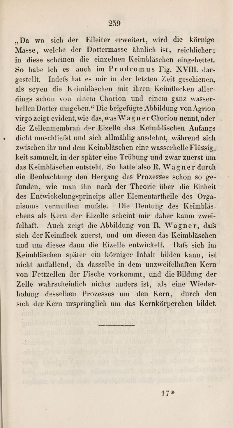 „Da wo sich der Eileiter erweitert, wird die körnige Masse, welche der Dottermasse ähnlich ist, reichlicher; in diese scheinen die einzelnen Keimbläschen eingebettet. So habe ich es auch im Prodromus Fig. XVIII. dar¬ gestellt. Indefs hat es mir in der letzten Zeit geschienen, als seyen die Keimbläschen mit ihren Keimflecken aller¬ dings schon von einem Chorion und einem ganz wasser- hellenDotter umgeben.“ Die beigefügte Abbildung vonAgrion virgo zeigt evident, wie das, was Wagner Chorion nennt, oder die Zellenmembran der Eizelle das Keimbläschen Anfangs . dicht umschliefst und sich allmählig ausdehnt, während sich zwischen ihr und dem Keimbläschen eine wasserhelle Flüssig, keit sammelt, in der später eine Trübung und zwar zuerst um das Keimbläschen entsteht. So hatte also R. Wagner durch die Beobachtung den Hergang des Prozesses schon so ge¬ funden, wie man ihn nach der Theorie über die Einheit des Entwickelungsprincips aller Elementartheile des Orga¬ nismus vermuthen mufste. Die Deutung des Keimbläs¬ chens als Kern der Eizelle scheint mir daher kaum zwei¬ felhaft. Auch zeigt die Abbildung von R. Wagner, dafs sich der Keimfleck zuerst, und um diesen das Keimbläschen und um dieses dann die Eizelle entwickelt. Dafs sich im Keimbläschen später ein körniger Inhalt bilden kann, ist nicht auffallend, da dasselbe in dem unzweifelhaften Kern von Fettzellen der Fische vorkommt, und die Bildung der Zelle wahrscheinlich nichts anders ist, als eine Wieder¬ holung desselben Prozesses um den Kern, durch den sich der Kern ursprünglich um das Kernkörperchen bildet. 17*