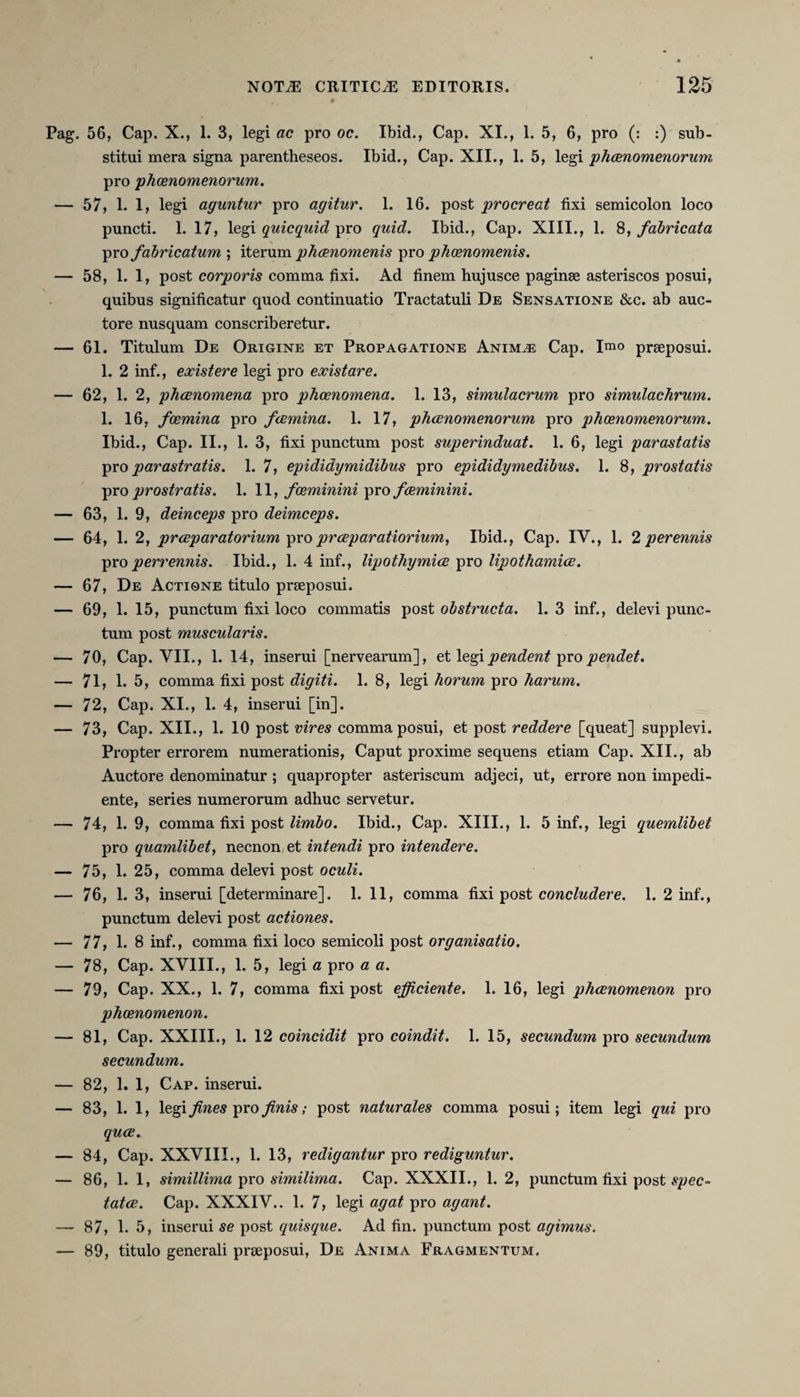 Pag. 56, Cap. X., 1. 3, legi ac pro oc. Ibid., Cap. XI., 1. 5, 6, pro (: :) sub¬ stitui mera signa parentheseos. Ibid., Cap. XII., 1. 5, legi phaenomenorum pro phaenomenorum. — 57, 1. 1, legi aguntur pro agitur. 1. 16. post procreat fixi semicolon loco puncti. 1. 17, legi quicquid pro quid. Ibid., Cap. XIII., 1. 8, fabricata pro fabricatum ; iterum phaenomenis pro phaenomenis. — 58, 1. 1, post corporis comma fixi. Ad finem hujusce paginae asteriscos posui, quibus significatur quod continuatio Tractatuli De Sensatione &c. ab auc¬ tore nusquam conscriberetur. — 61. Titulum De Origine et Propagatione Animae Cap. Imo praeposui. 1. 2 inf., existere legi pro existare. — 62, 1. 2, phaenomena pro phaenomena. 1. 13, simulacrum pro simulachrum. 1. 16, faemina pro fcemina. 1. 17, phaenomenorum pro phaenomenorum. Ibid., Cap. II., 1. 3, fixi punctum post superinduat. 1. 6, legi parastatis pro par astratis. 1. 7, epididymidibus pro epididymedibus. 1. 8, prostatis pro prostratis. 1. 11, foeminini pro faeminini. — 63, 1. 9, deinceps pro deimceps. — 64, 1. 2, praeparatorium pro praeparationum, Ibid., Cap. IV., 1. 2 perennis pro perrennis. Ibid., 1. 4 inf., lipothymiae pro lipothamiae. — 67, De Actione titulo praeposui. — 69, 1. 15, punctum fixi loco commatis post obstructa. 1. 3 inf., delevi punc¬ tum post muscularis. — 70, Cap. VII., 1. 14, inserui [nervearum], et legi pendent pro pendet. — 71, 1. 5, comma fixi post digiti. 1. 8, legi horum pro harum. — 72, Cap. XI., 1. 4, inserui [in]. — 73, Cap. XII., 1. 10 post vires comma posui, et post reddere [queat] supplevi. Propter errorem numerationis, Caput proxime sequens etiam Cap. XII., ab Auctore denominatur ; quapropter asteriscum adjeci, ut, errore non impedi¬ ente, series numerorum adhuc servetur. — 74, 1. 9, comma fixi post limbo. Ibid., Cap. XIII., 1. 5 inf., legi quemlibet pro quamlibet, necnon et intendi pro intendere. — 75, 1. 25, comma delevi post oculi. — 76, 1. 3, inserui [determinare]. 1. 11, comma fixi post concludere. 1. 2 inf., punctum delevi post actiones. — 77, 1. 8 inf., comma fixi loco semicoli post organisatio. — 78, Cap. XVIII., 1. 5, legi a pro a a. — 79, Cap. XX., 1. 7, comma fixi post efficiente. 1. 16, legi phaenomenon pro phaenomenon. — 81, Cap. XXIII., 1. 12 coincidit pro coindit. 1. 15, secundum pro secundum secundum. — 82, 1. 1, Cap. inserui. — 83, 1. 1, legi fines pro finis; post naturales comma posui; item legi qui pro quae. — 84, Cap. XXVIII., 1. 13, redigantur pro rediguntur. — 86, 1. 1, simillima pro similima. Cap. XXXII., 1. 2, punctum fixi post spec¬ tatae. Cap. XXXIV.. 1. 7, legi agat pro agant. — 87, 1. 5, inserui se post quisque. Ad fin. punctum post agimus. — 89, titulo generali praeposui, De Anima Fragmentum.