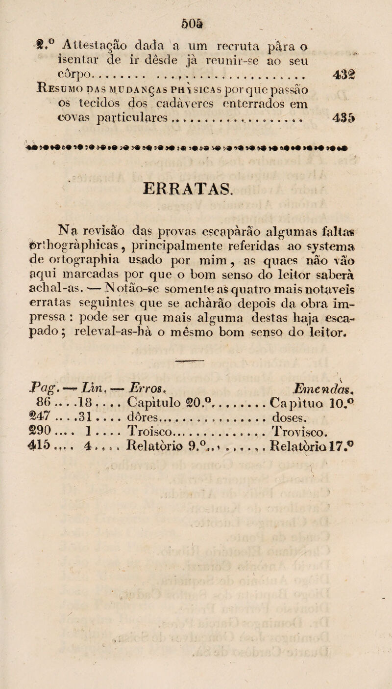 ■9*° Attestação dada a um recruta para o isentar de ir desde jà reunir-se ao seu côrpo.f.... Resumo das mudanças phisicas porquepassao os tecidos dos cadáveres enterrados em covas particulares.. . w'- 432 435 :» »« (0 9» .9 )« ;« ;• ;3 >0 >9 »«Ifl )« >« >•»« ERRATAS. Na revisão das provas escaparão algumas falias 0rthogràphicas, principalmente referidas ao systema de ortographia usado por mim, as quaes não vão aqui marcadas por que o bom senso do leitor saberá achai-as. •— IS! otâo-se somente as quatro mais notáveis erratas seguintes que se achàrâo depois da obra im¬ pressa : pode ser que mais alguma destas haja esca¬ pado ; releval-as-bà o mêsmo bom senso do leitor* Pag. —- Lin, -— Erros, Eme ndas. 86 . .18 .... Capitulo 20.°,.Capituo 10.° 247 ... .31.... dores...doses. 290 .... 1 .... Troisco... Trovisco. 415 . 4. *» Relatório 9.°,.Relatório 17P