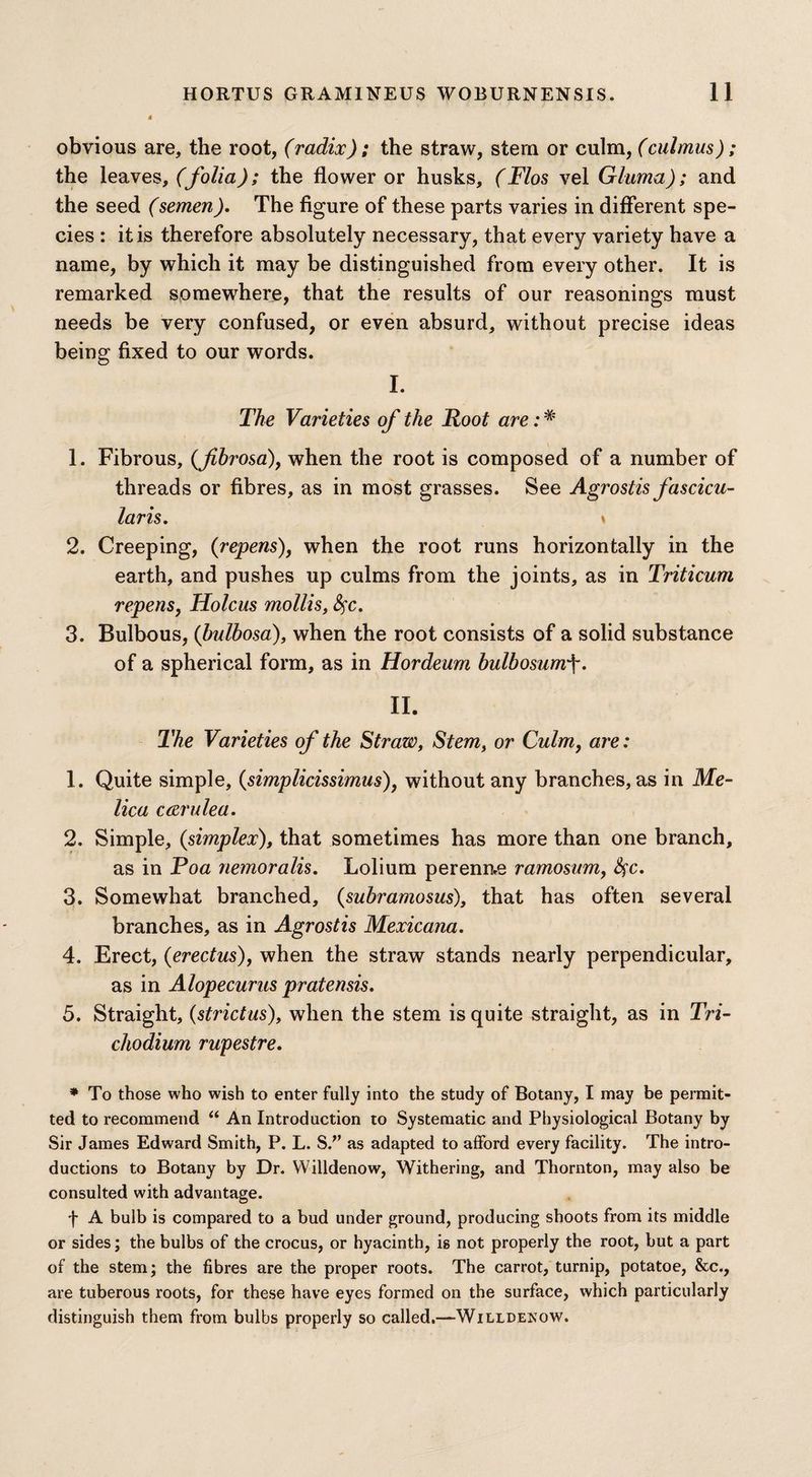 obvious are, the root, (radix); the straw, stern or culm, (culmus) ; the leaves, (folia); the flower or husks, (Flos vel Gluma); and the seed (semen). The figure of these parts varies in different spe¬ cies : it is therefore absolutely necessary, that every variety have a name, by which it may be distinguished from every other. It is remarked somewhere, that the results of our reasonings must needs be very confused, or even absurd, without precise ideas being fixed to our words. I. The Varieties of the Root are:# 1. Fibrous, (fibrosa), when the root is composed of a number of threads or fibres, as in most grasses. See Agrostis fascicu- laris. s 2. Creeping, (repens), when the root runs horizontally in the earth, and pushes up culms from the joints, as in Triticum repens, Holcus mollis, fyc. 3. Bulbous, (bulbosa), when the root consists of a solid substance of a spherical form, as in Hordeum bulbosumf. II. The Varieties of the Straw, Stem, or Culm, are: 1. Quite simple, (simplicissimus), without any branches, as in Me- lica c&rulea. 2. Simple, (simplex), that sometimes has more than one branch, as in Poa nemoralis. Lolium perenne ramosum, Sc. 3. Somewhat branched, (subramosus), that has often several branches, as in Agrostis Mexicana. 4. Erect, (erectus), when the straw stands nearly perpendicular, as in Alopecurus pratensis. 5. Straight, (strictus), when the stem is quite straight, as in Tri- chodium rupestre. * To those who wish to enter fully into the study of Botany, I may be permit¬ ted to recommend “ An Introduction to Systematic and Physiological Botany by Sir James Edward Smith, P. L. S.” as adapted to afford every facility. The intro¬ ductions to Botany by Dr. Willdenow, Withering, and Thornton, may also be consulted with advantage. f A bulb is compared to a bud under ground, producing shoots from its middle or sides; the bulbs of the crocus, or hyacinth, is not properly the root, but a part of the stem; the fibres are the proper roots. The carrot, turnip, potatoe, &c., are tuberous roots, for these have eyes formed on the surface, which particularly distinguish them from bulbs properly so called,—Willdenow.