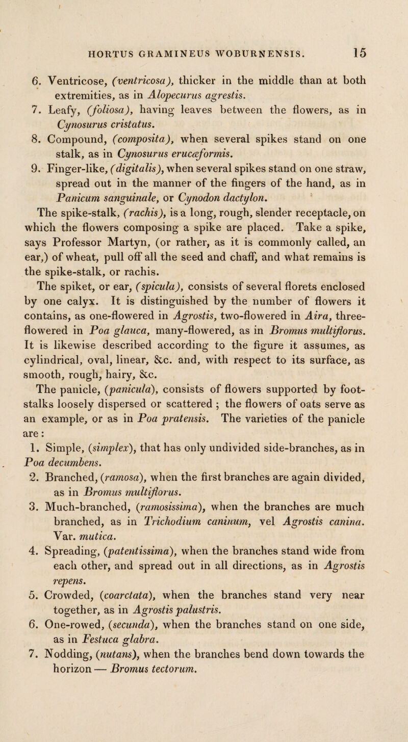 I HORTUS GRAMINEUS WOBURNENSIS. 15 6. Ventricose, (ventricosa), thicker in the middle than at both extremities, as in Alopecurus agrestis. 7. Leafy, (foliosa), having leaves between the flowers, as in Cynosurus cristatus. 8. Compound, (composita), when several spikes stand on one stalk, as in Cynosurus erucceformis. 9. Finger-like, (digitalis), when several spikes stand on one straw, spread out in the manner of the fingers of the hand, as in Panicum sanguinale, or Cynodon dactylon. The spike-stalk, (rachis), is a long, rough, slender receptacle, on which the flowers composing a spike are placed. Take a spike, says Professor Martyn, (or rather, as it is commonly called, an ear,) of wheat, pull off all the seed and chaff, and what remains is the spike-stalk, or rachis. The spiket, or ear, (spicula), consists of several florets enclosed by one calyx. It is distinguished by the number of flowers it contains, as one-flowered in Agrostis, two-flowered in Air a, three- flowered in Poa glauca, many-flowered, as in Bromus multiftorus. It is likewise described according to the figure it assumes, as cylindrical, oval, linear, &c. and, with respect to its surface, as smooth, rough, hairy, &c. The panicle, (panicula), consists of flowers supported by foot¬ stalks loosely dispersed or scattered ; the flowers of oats serve as an example, or as in Poa pratensis. The varieties of the panicle are: 1. Simple, (simplex), that has only undivided side-branches, as in Poa decumbens. 2. Branched, (ramosa), when the first branches are again divided, as in Bromus multiftorus. 3. Much-branched, (ramosissima), when the branches are much branched, as in Trichodium caninum, vel Agrostis canina. Var. mutica. 4. Spreading, (patentissima), when the branches stand wide from each other, and spread out in all directions, as in Agrostis repens. 5. Crowded, (coardata), when the branches stand very near together, as in Agrostis palustris. 6. One-rowed, (secunda), when the branches stand on one side, as in Festuca glabra. 7. Nodding, (nutans), when the branches bend down towards the horizon— Bromus tectorum.