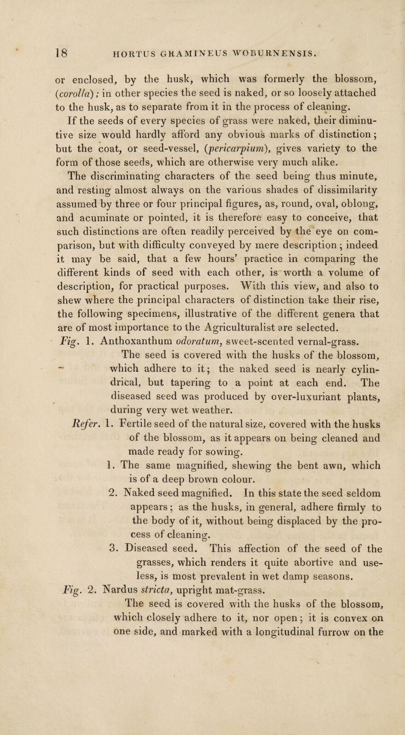 or enclosed, by the husk, which was formerly the blossom, (corolla); in other species the seed is naked, or so loosely attached to the husk, as to separate from it in the process of cleaning. If the seeds of every species of grass were naked, their diminu¬ tive size would hardly afford any obvious marks of distinction; but the coat, or seed-vessel, (pericarpium), gives variety to the form of those seeds, which are otherwise very much alike. The discriminating characters of the seed being thus minute, and resting almost always on the various shades of dissimilarity assumed by three or four principal figures, as, round, oval, oblong, and acuminate or pointed, it is therefore easy to conceive, that such distinctions are often readily perceived by the eye on com¬ parison, but with difficulty conveyed by mere description ; indeed it may be said, that a few hours’ practice in comparing the different kinds of seed with each other, is worth a volume of description, for practical purposes. With this view, and also to shew where the principal characters of distinction take their rise, the following specimens, illustrative of the different genera that are of most importance to the Agriculturalist are selected. Fig. 1. Anthoxanthum odoratum. sweet-scented vernal-grass. The seed is covered with the husks of the blossom, ~ which adhere to it; the naked seed is nearly cylin¬ drical, but tapering to a point at each end. The diseased seed was produced by over-luxuriant plants, during very wet weather. Refer. 1. Fertile seed of the natural size, covered with the husks of the blossom, as it appears on being cleaned and made ready for sowing. 1. The same magnified, shewing the bent awn, which is of a deep brown colour. 2. Naked seed magnified. In this state the seed seldom appears; as the husks, in general, adhere firmly to the body of it, without being displaced by the pro¬ cess of cleaning. 3. Diseased seed. This affection of the seed of the grasses, which renders it quite abortive and use¬ less, is most prevalent in wet damp seasons. Fig. 2. Nardus stricta, upright mat-grass. The seed is covered with the husks of the blossom, which closely adhere to it, nor open; it is convex on one side, and marked with a longitudinal furrow on the