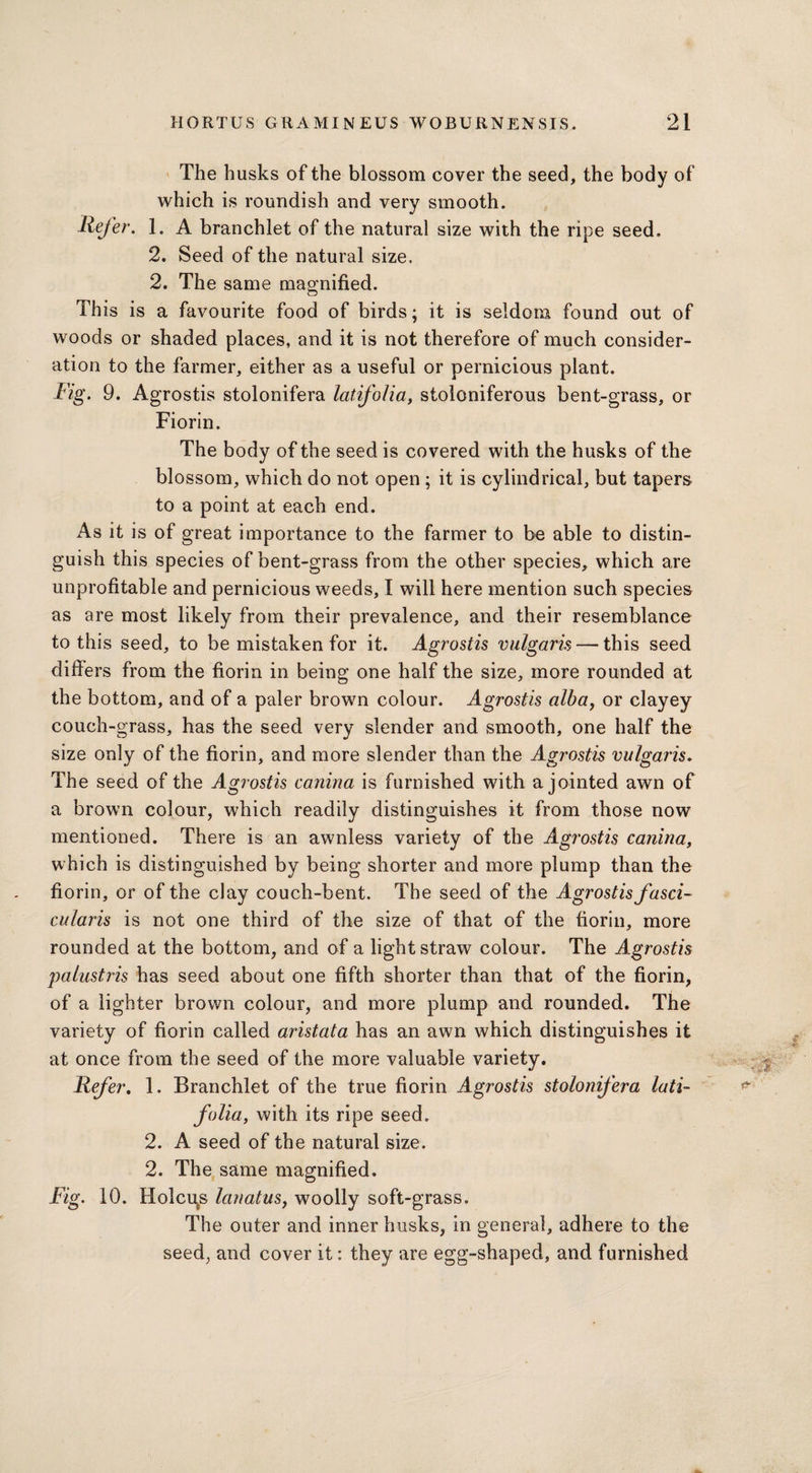 The husks of the blossom cover the seed, the body of which is roundish and very smooth. Refer. 1. A branchlet of the natural size with the ripe seed. 2. Seed of the natural size. 2. The same magnified. This is a favourite food of birds; it is seldom found out of woods or shaded places, and it is not therefore of much consider¬ ation to the farmer, either as a useful or pernicious plant. Fig. 9. Agrostis stolonifera latifolia, stoloniferous bent-grass, or Fiorin. The body of the seed is covered with the husks of the blossom, which do not open ; it is cylindrical, but tapers to a point at each end. As it is of great importance to the farmer to be able to distin¬ guish this species of bent-grass from the other species, which are unprofitable and pernicious weeds, I will here mention such species as are most likely from their prevalence, and their resemblance to this seed, to be mistaken for it. Agrostis vulgaris — this seed differs from the fiorin in being one half the size, more rounded at the bottom, and of a paler brown colour. Agrostis alba, or clayey- couch-grass, has the seed very slender and smooth, one half the size only of the fiorin, and more slender than the Agrostis vulgaris. The seed of the Agrostis canina is furnished with a jointed awn of a brown colour, which readily distinguishes it from those now mentioned. There is an awnless variety of the Agrostis canina, which is distinguished by being shorter and more plump than the fiorin, or of the clay couch-bent. The seed of the Agrostis fasci- cularis is not one third of the size of that of the fiorin, more rounded at the bottom, and of a light straw colour. The Agrostis palustris has seed about one fifth shorter than that of the fiorin, of a lighter brown colour, and more plump and rounded. The variety of fiorin called aristata has an awn which distinguishes it at once from the seed of the more valuable variety. Refer. 1. Branchlet of the true fiorin Agrostis stolonifera lati¬ folia, with its ripe seed. 2. A seed of the natural size. 2. The same magnified. Fig. 10. Holcu^s lanatus, woolly soft-grass. The outer and inner husks, in general, adhere to the seed, and cover it: they are egg-shaped, and furnished