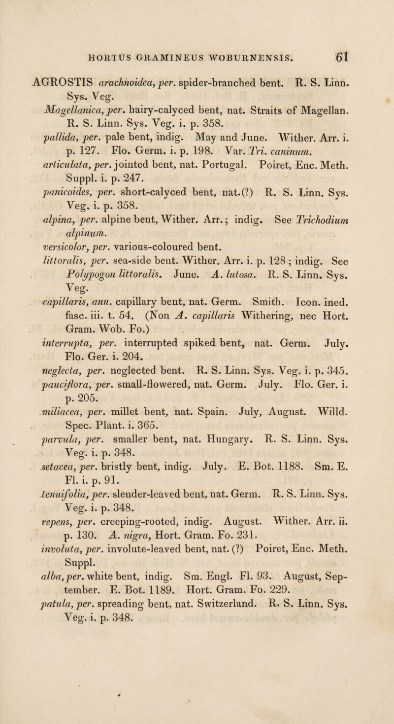 AGROSTIS arcichnoidea, per. spider-branched bent. R. S. Linn. Sys. Veg. Magellanica, per. hairy-calyced bent, nat. Straits of Magellan. R. S. Linn. Sys. Veg. i. p. 358. pallida, per. pale bent, indig. May and June. Wither. Arr. i. p. 127. Flo. Germ. i. p. 198. Var. Tri. caninum. articulata, per. jointed bent, nat. Portugal. Poiret, Enc. Meth. Suppl. i. p. 247. panicoides, per. short-calyced bent, nat.(?) R. S. Linn. Svs. Veg. i. p. 358. alpina, per. alpine bent. Wither. Arr.; indig. See Trichodium alpinum. versicolor, per. various-coloured bent. littoralis, per. sea-side bent. Wither. Arr. i. p. 128 ; indig. See Polypogon littoralis. June. A. lutosa. R. S. Linn. Sys. Veg. vapillaris, ann. capillary bent, nat. Germ. Smith. Icon. ined. fasc. iii. t. 54. (Non A. capillaris Withering, nec Hort. Gram. Wob. Fo.) interrupta, per. interrupted spiked bent, nat. Germ. July. Flo. Ger. i. 204. neglecta, per. neglected bent. R. S. Linn. Sys. Veg. i. p. 345. pauciflora, per. small-flowered, nat. Germ. July. Flo. Ger. i. p. 205. miliacea, per. millet bent, nat. Spain. July, August. Willd. Spec. Plant, i. 365. parvula, per. smaller bent, nat. Hungary. R. S. Linn. Sys. Veg. i. p. 348. setacea, per. bristly bent, indig. July. E. Bot. 1188. Sm. E. FI. i. p. 91. tenuifolia, per. slender-leaved bent, nat. Germ. R. S. Linn. Sys. Veg. i. p. 348. repens, per. creeping-rooted, indig. August. Wither. Arr. ii. p. 130. A. nigray Hort. Gram. Fo. 231. involuta, per. involute-leaved bent, nat. (?) Poiret, Enc. Meth. Suppl. alba,per. white bent, indig. Sm. Engl. FI. 93. August, Sep¬ tember. E. Bot. 1189. Hort. Gram. Fo. 229. patula, per. spreading bent, nat. Switzerland. R. S. Linn. Sys. Veg. i. p. 348.