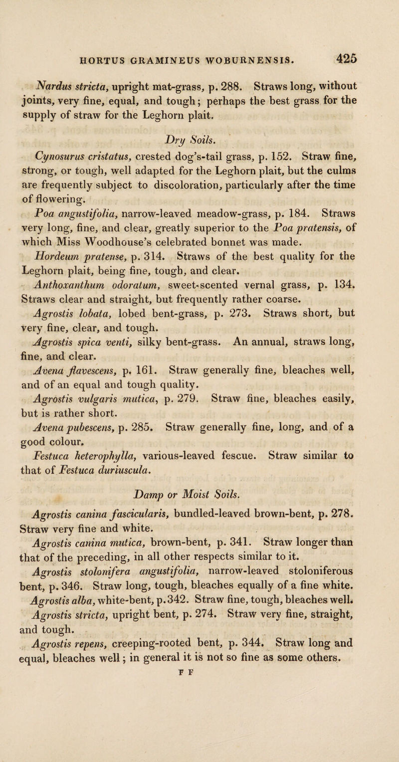 Nardus stricta, upright mat-grass, p. 288. Straws long, without joints, very fine, equal, and tough; perhaps the best grass for the supply of straw for the Leghorn plait. Dry Soils. Cynosurus cristatus, crested dog’s-tail grass, p. 152. Straw fine, strong, or tough, well adapted for the Leghorn plait, but the culms are frequently subject to discoloration, particularly after the time of flowering. Poa angustifolia f narrow-leaved meadow-grass, p. 184. Straws very long, fine, and clear, greatly superior to the Poa pratensis, of which Miss Woodhouse’s celebrated bonnet was made. Hordeum pratense, p. 314. Straws of the best quality for the Leghorn plait, being fine, tough, and clear. Anthoxanthum odoratum, sweet-scented vernal grass, p. 134. Straws clear and straight, but frequently rather coarse. Agrostis lobata, lobed bent-grass, p. 273. Straws short, but very fine, clear, and tough. Agrostis spica venti, silky bent-grass. An annual, straws long, fine, and clear. Avena Jlavescens, p. 161. Straw generally fine, bleaches well, and of an equal and tough quality. Agrostis vulgaris mutica, p. 279. Straw fine, bleaches easily, but is rather short. Avena pubescens, p. 285. Straw generally fine, long, and of a good colour. Festuca heterophylla, various-leaved fescue. Straw similar to that of Festuca duriuscula. Damp or Moist Soils. Agrostis canina fascicular is, bundled-leaved brown-bent, p. 278. Straw very fine and white. Agrostis canina mutica, brown-bent, p. 341. Straw longer than that of the preceding, in all other respects similar to it. Agrostis stolonifera angustifolia, narrow-leaved stoloniferous bent, p. 346. Straw long, tough, bleaches equally of a fine white. Agrostis alba, white-bent, p.342. Straw fine, tough, bleaches well. Agrostis strict a} upright bent, p. 274. Straw very fine, straight, and tough. Agrostis repens, creeping-rooted bent, p. 344. Straw long and equal, bleaches well; in general it is not so fine as some others.