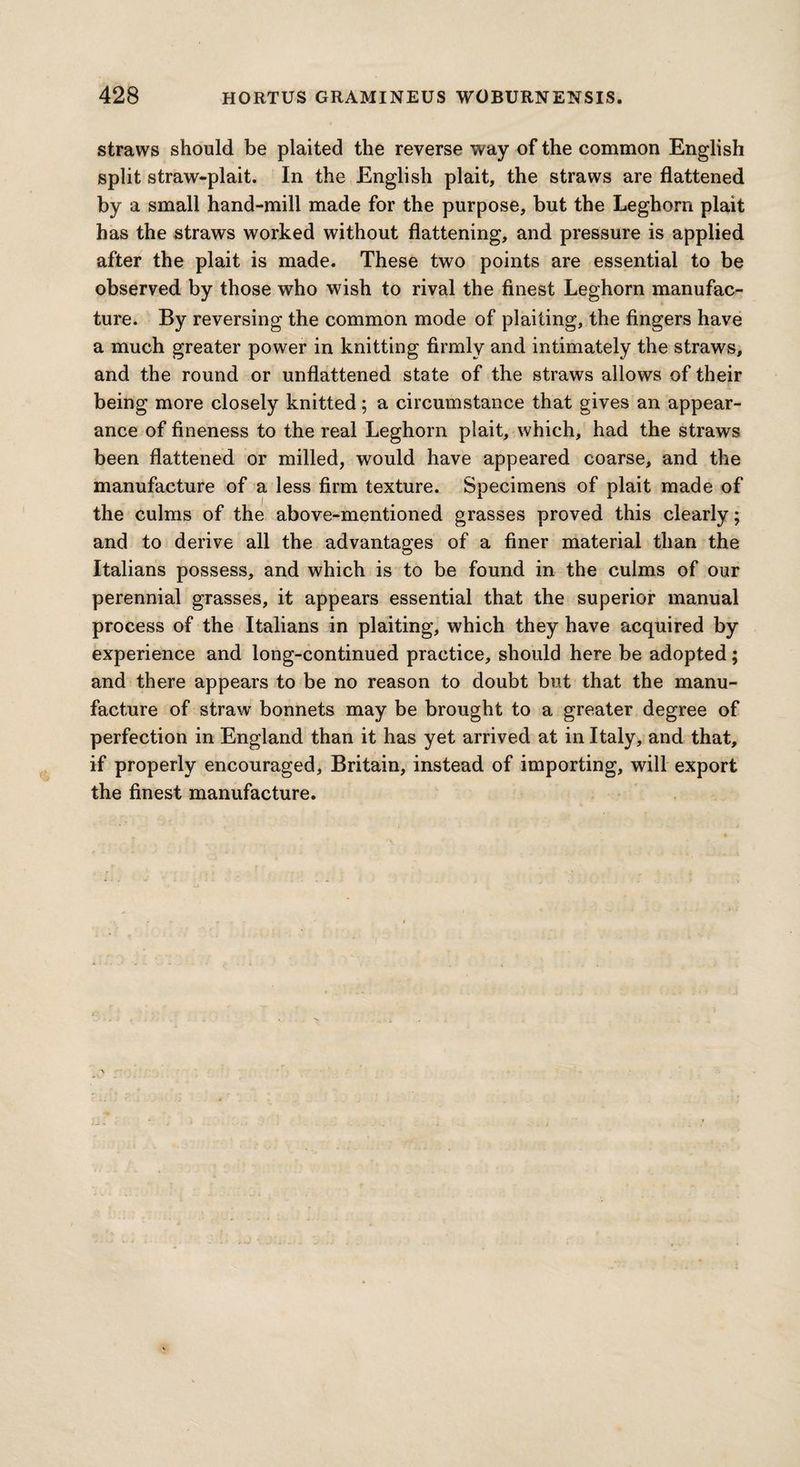 straws should be plaited the reverse way of the common English split straw-plait. In the English plait, the straws are flattened by a small hand-mill made for the purpose, but the Leghorn plait has the straws worked without flattening, and pressure is applied after the plait is made. These two points are essential to be observed by those who wish to rival the finest Leghorn manufac¬ ture. By reversing the common mode of plaiting, the fingers have a much greater power in knitting firmly and intimately the straws, and the round or unflattened state of the straws allows of their being more closely knitted; a circumstance that gives an appear¬ ance of fineness to the real Leghorn plait, which, had the straws been flattened or milled, would have appeared coarse, and the manufacture of a less firm texture. Specimens of plait made of the culms of the above-mentioned grasses proved this clearly; and to derive all the advantages of a finer material than the Italians possess, and which is to be found in the culms of our perennial grasses, it appears essential that the superior manual process of the Italians in plaiting, which they have acquired by experience and long-continued practice, should here be adopted; and there appears to be no reason to doubt but that the manu¬ facture of straw bonnets may be brought to a greater degree of perfection in England than it has yet arrived at in Italy, and that, if properly encouraged, Britain, instead of importing, will export the finest manufacture.