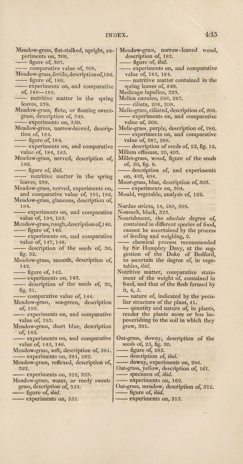 Meaclow-grass, flat-stalked, upright, ex¬ periments on, 308. -figure of, 307. -comparative value of, 309. Meadow-grass, fertile, description of, 18 6. -figure of, 186. -experiments on, and comparative of, 186—188. - nutritive matter in the spring leaves, 239. Meadow-grass, flote, or floating sweet- grass, description of, 349. -experiments on, 350. Meadow-grass, narrow-leaved, descrip¬ tion of, 184. -figure of, 184. -experiments on, and comparative value of, 184, 185. Meadow-grass, nerved, description of, 190. -figure of, ibid. - nutritive matter in the spring leaves, 239. Meadow-grass, nerved, experiments on, and comparative value of, 191, 192. Meadow-grass, glaucous, description of, 194. -experiments on, and comparative value of, 194, 195. Meadow-grass,rough, description of, 146. —-figure of, 146. -experiments on, and comparative value of, 147, 148. -description of the seeds of, 30. fig. 32. Meadow-grass, smooth, description of, 142. -figure of, 142. -experiments on, 143. -- description of the seeds of, 30, fig. 31. —— comparative value of, 144., Meadow-grass, sea-green, description of, 192. -experiments on, and comparative value of, 193. Meadow-grass, short blue, description of, 145. —— experiments on, and comparative value of, 145, 146. Meadow-grass, soft, description of, 281. -experiments on, 281, 282. Meadow-grass, reflexed, description of, 322. -experiments on, 322, 323. Meadow-grass, water, or reedy sweet- grass, description of, 354. -figure of, ibid. ■-experiments on, 355. Meadow-grass, narrow-leaved wood, description of, 182. -figure of, ibid. -experiments on, and comparative value of, 183, 184. -nutritive matter contained in the spring leaves of, 240. Medicago lupulina, 323. Melica ccerulea, 286, 287. -ciliata, 208, 209. Melic-grass, ciliated, description of, 208. -experiments on, and comparative value of, 209. Melic-grass, purple, description of, 286. -experiments on, and comparative value of, 287, 288. -description of seeds of, 22, fig. 12. Milium effusum, 20, 403. Millet-grass, wood, figure of the seeds of, 20, fig. 8. -description of, and experiments on, 403, 404. Moor-grass, blue, description of, 303. -experiments on, 304. Mould, vegetable, analysis of, 122. Nardus stricta, 18, 288, 289. Nonsuch, black, 323. Nourishment, the absolute degree of, contained in different species of food, cannot be ascertained by the process of feeding and weighing, 2. - chemical process recommended by Sir Humphry Davy, at the sug¬ gestion of the Duke of Bedford, to ascertain the degree of, in vege¬ tables, ibid. Nutritive matter, comparative state¬ ment of the weight of, contained in food, and that of the flesh formed by it, 4, 5. -nature of, indicated by the pecu¬ liar structure of the plant, 41. -quantity and nature of, in plants, render the plants more or less im¬ poverishing to the soil in which they grow, 391. Oat-grass, downy, description of the seeds of, 25, fig. 20. -figure of, 285. -description of, ibid. -downy, experiments on, 286. Oat-grass, yellow, description of, 161. -specimen of, ibid. -experiments on, 162. Oat-grass, meadow, description of, 312. --figure of, ibid. -experiments on, 313.