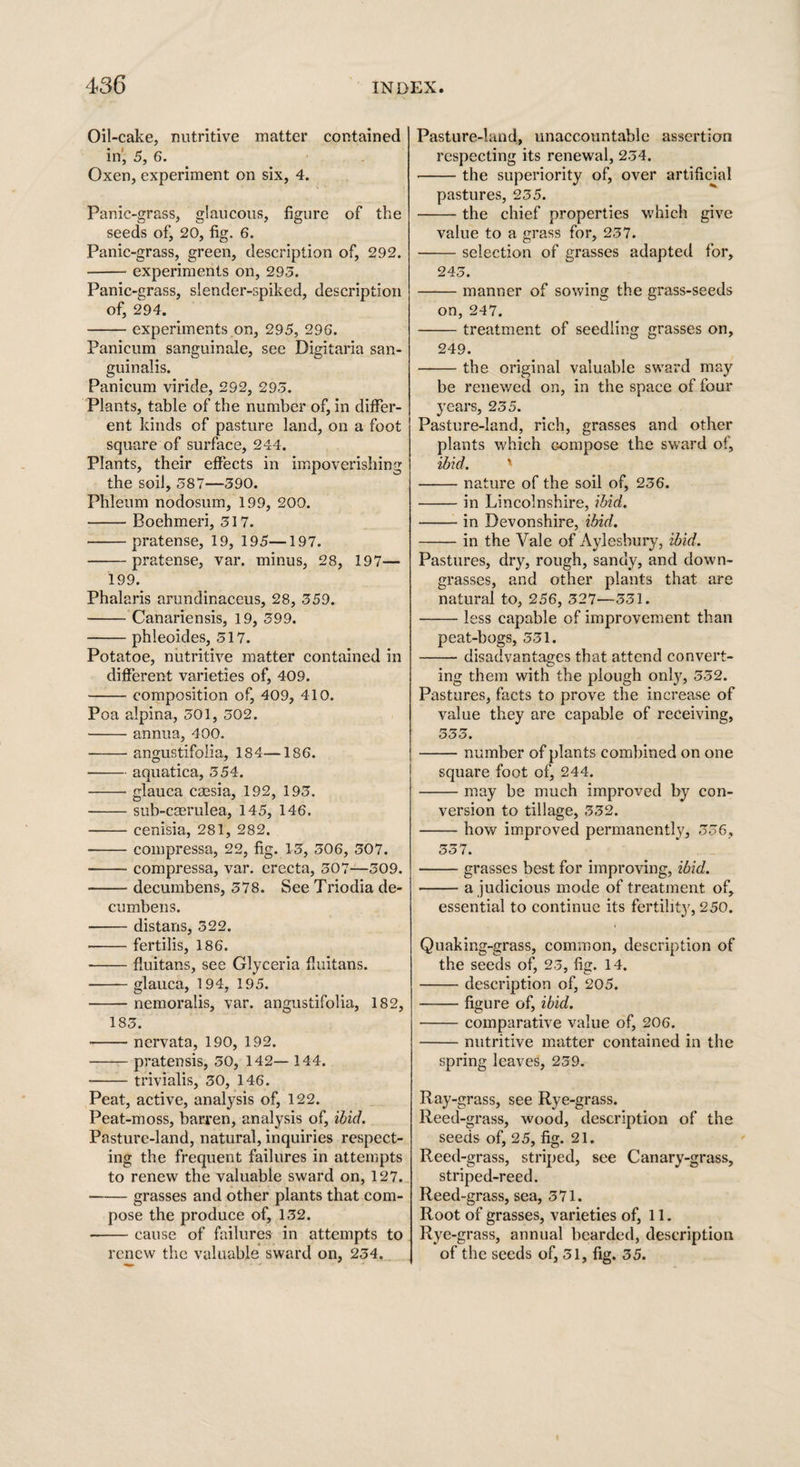 Oil-cake, nutritive matter contained in, 5, 6. Oxen, experiment on six, 4. Panic-grass, glaucous, figure of the seeds of, 20, fig. 6. Panic-grass, green, description of, 292. -experiments on, 293. Panic-grass, slender-spiked, description of, 294. -experiments on, 295, 296. Panicum sanguinale, see Digitaria san- guinalis. Panicum viride, 292, 293. Plants, table of the number of, in differ¬ ent kinds of pasture land, on a foot square of surface, 244. Plants, their effects in impoverishing the soil, 387—390. Phleum nodosum, 199, 200. -Boehmeri, 317. -pratense, 19, 195—197. -pratense, var. minus, 28, 197— 199. Phalaris arundinaceus, 28, 359. -Canariensis, 19, 399. -phleoides, 317. Potatoe, nutritive matter contained in different varieties of, 409. -composition of, 409, 410. Poa alpina, 501, 502. -annua, 400. -angustifoiia, 184—186. -aquatica, 354. -glauca caesia, 192, 193. -sub-cserulea, 145, 146. -cenisia, 281, 282. -compressa, 22, fig. 13, 306, 307. -compressa, var. erecta, 307—309. -decumbens, 378. See Triodia de- cumbens. -distans, 322. •-fertilis, 186. -fluitans, see GJyceria fluitans. -glauca, 194, 195. -nemoralis, var. angustifoiia, 182, 183. --nervata, 190, 192. -pratensis, 30, 142— 144. -trivialis, 30, 146. Peat, active, analysis of, 122. Peat-moss, barren, analysis of, ibid. Pasture-land, natural, inquiries respect¬ ing the frequent failures in attempts to renew the valuable sward on, 127. -grasses and other plants that com¬ pose the produce of, 132. -cause of failures in attempts to renew the valuable sward on, 234. Pasture-land, unaccountable assertion respecting its renewal, 234. -the superiority of, over artificial pastures, 235. -the chief properties which give value to a grass for, 237. -selection of grasses adapted for, 243. -manner of sowing the grass-seeds on, 247. -treatment of seedling grasses on, 249. -the original valuable sward may be renewed on, in the space of four years, 235. Pasture-land, rich, grasses and other plants which compose the sward of, ibid. -nature of the soil of, 236. -in Lincolnshire, ibid. -in Devonshire, ibid. -in the Vale of Aylesbury, ibid. Pastures, dry, rough, sandy, and down- grasses, and other plants that are natural to, 256, 327—331. -less capable of improvement than peat-bogs, 331. -disadvantages that attend convert¬ ing them with the plough only, 332. Pastures, facts to prove the increase of value they are capable of receiving, 333. -number of plants combined on one square foot of, 244. -may be much improved by con¬ version to tillage, 332. -how improved permanently, 356, 337. -grasses best for improving, ibid. -a judicious mode of treatment of, essential to continue its fertility, 250. Quaking-grass, common, description of the seeds of, 23, fig. 14. -description of, 205. -figure of, ibid. -comparative value of, 206. -nutritive matter contained in the spring leaves, 239. Ray-grass, see Rye-grass. Reed-grass, wood, description of the seeds of, 25, fig. 21. Reed-grass, striped, see Canary-grass, striped-reed. Reed-grass, sea, 371. Root of grasses, varieties of, 11. Rye-grass, annual bearded, description of the seeds of, 31, fig. 35.