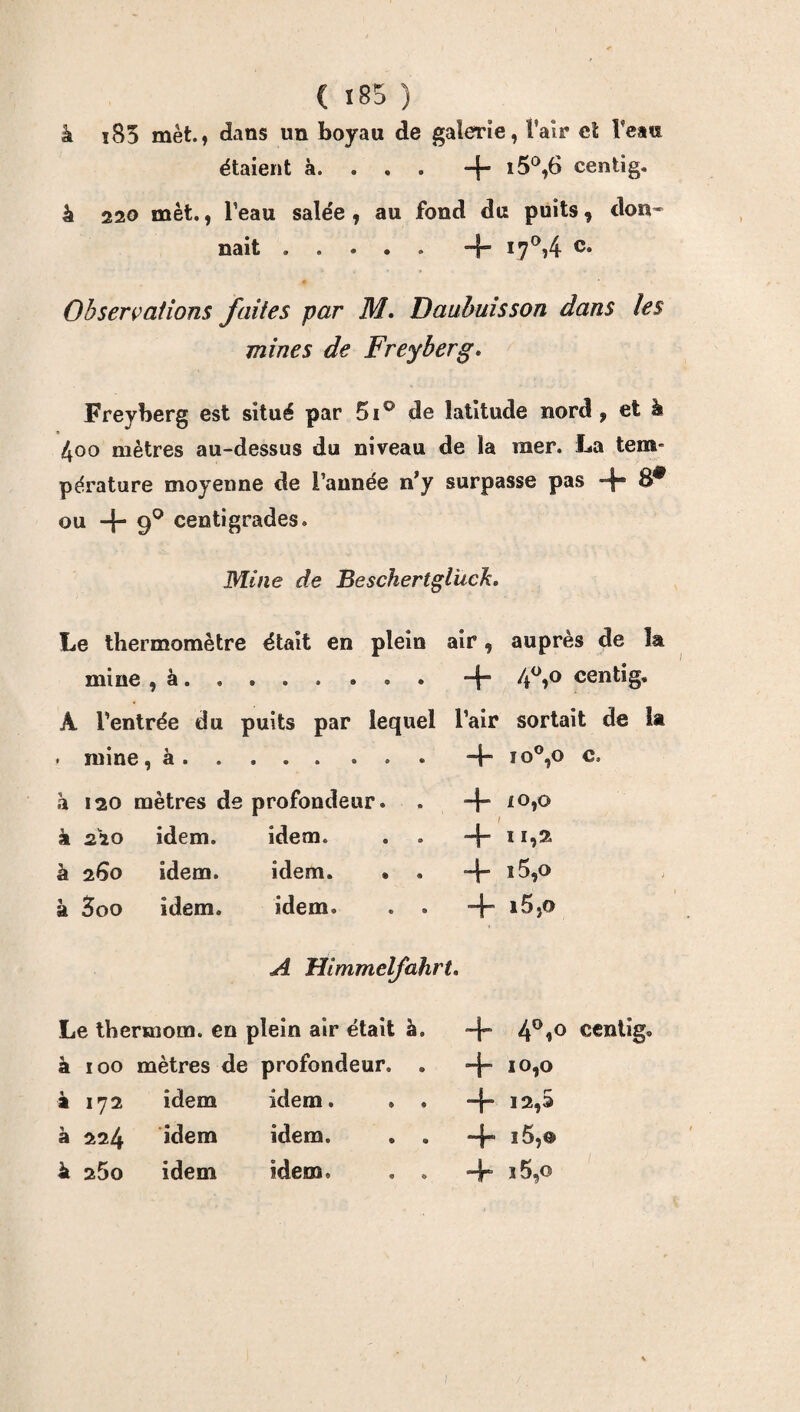â i85 met., dans un boyau de galerie, î’air cl îeau étaient à. . . . + i5°,6 centig. à 220 met., l’eau salée , au fond du puits, don* nait ..... I7°,4 c» Observations faites par M. Daubuisson dans les mines de Freyberg. Freyberg est situé par 5i° de latitude nord , et à 4oo mètres au-dessus du niveau de îa mer. La tem¬ pérature moyenne de l’année n’y surpasse pas + 8# ou + 90 centigrades. Mine de Beschertglück. Le thermomètre était en plein air , auprès de la mine , à.. . -f 45° centig. À l’entrée du puits par lequel l’air sortait de la . mine, à.. + io°,o c. k 120 mètres de profondeur. . -f- io,o I k 220 idem. idem. . . -f” n,2> à 260 idem. idem. • . + î5,o à 3oo idem. idem. . . Hh i5,o A Himmelfahrt, Le thermom. en plein air était à. + 4°i° centig. à 100 mètres de profondeur. . -f” 10,0 à 172 idem idem. . . + à 224 idem idem. . . -4“ i5,@