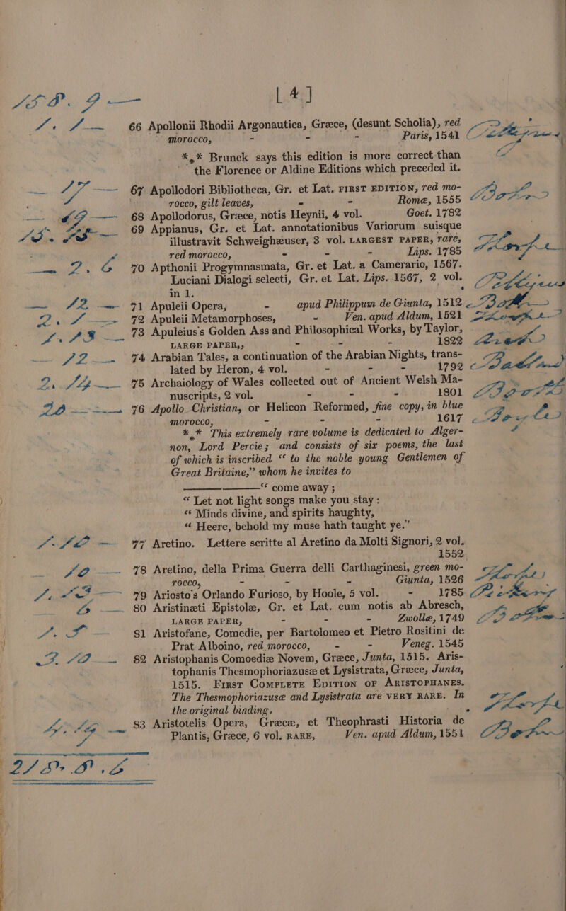 perils Pec [4] og a et 66 Apollonii Rhodii Argonautica, Grece, (desunt Scholia), red Les: tas. J morocco, i - - Paris, 154. (“ee eye ' \ Se x * *,* Brunck says this edition is more correct than Ce the Florence or Aldine Editions which preceded it. Ne se ——- 6% Apollodori Bibliotheca, Gr. et Lat. rrRsT EDITION, red mo- he rocco, gilt leaves,  ‘Ube Rome, 1555 DD Aa? —~- ra ——- 68 Apollodorus, Grece, notis Heynii, 4 vol. Goet. 1782 | a AP ae 69 Appianus, Gr. et Lat. annotationibus Variorum suisque . | me illustravit Schweighzuser, 3 vol. LARGEST PAPER, rare, Zh | a red morocco, - - - Lips. 1785 a0 Pts . 70 Apthonii Progymnasmata, Gr. et Lat. a Camerario, 1567. | Luciani Dialogi selecti, Gr. et Lat. Lips. 1567, 2 vol. ff? | sa npn PrASOT, 2, Vol. 7 gegen tec Ake lie A Apuleii Opera, - apud Philippum de Giunta, 1512 ps: : 2» | 2. AH » 72% Apuleii Metamorphoses, - Ven. apud Aldum, 152} pa7 Oe as | LiaAS3 73 Apuleius’s Golden Ass and Philosophical Works, by Taylor, . Ng : LARGE PAPER,, - - - 1822 fia ae &gt; | ff 2. 74 Arabian Tales, a continuation of the Arabian Nights, trans- ‘ lated by Heron, 4 vol. - - 1792 etal an | ies Jif _... 75 Archaiology of Wales collected out of Ancient Welsh Ma- (4% ¢@24 nuscripts, 2 vol. - “ - 1801 Ap re ae .» 76 Apollo Christian, or Helicon Reformed, fine copy, in blue = _ bs 1 morocco, - - - 1617 ~ Fur Le | é *% This extremely rare volume is dedicated to Alger- non, Lord Percie; and consists of sia poems, the last of which is inscribed “ to the noble young Gentlemen of Great Britaine,” whom he invites to | ** come away ; “ Let not light songs make you stay : «¢ Minds divine, and spirits haughty, «¢ Heere, behold my muse hath taught ye.” 4 ft — 97 Aretino. Lettere scritte al Aretino da Molti Signori, 2 vol. E 1552 van S5 2 178 Aretino, della Prima Guerra delli Carthaginesi, green mo- ¢ ~/* : ee fl _TOCCO, - ey - ‘ Giunta, 1526 fe ft) | st ae v9 Ariosto’s Orlando Furioso, by Hoole, 5 vol. - 1785 &lt;4 thes vf “#y -. 80 Aristineti Epistole, Gr. et Lat. cum notis ab Abresch, fo LARGE PAPER, - - - Zwolle,1749 “~~. a, . Bi oOo ewe 81 Aristofane, Comedie, per Bartolomeo et Pietro Rositini de | / Prat Alboino, red.morocco, - - Veneg. 1545 | | Te “cP... 82 Aristophanis Comoediz Novem, Grece, Junta, 1515. Aris- tophanis Thesmophoriazuse et Lysistrata, Greece, Junta, 1515. First Comertere Epition or ARIsTOPHANES. The Thesmophoriazuse and Lysistrata are VERY RARE. In Za | the original binding. fot /e __. 88 Aristotelis Opera, Grace, et Theophrasti Historia de oT