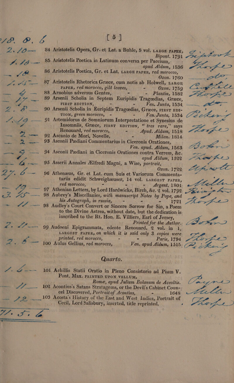 rae JO 4. 43a -— 1a’, a a ee So 84 Aristotelis Opera, Gr. et Lat. a Buhle, 5 vol. rarer PAPER; Bipont. 1791 85 Aristotelis Poetica in Latinum conversa per Paccium,. apud Aldum, 1536 86 Aristotelis Poetica, Gr. et Lat. LARGE paper, red morocco, Oxon. 1760 87 Aristotelis Rhetorica Greece, cum notis ab Holwell, rarce PAPER, red morocco, gilt Lees . Periaes 1759 88 Arnobius adversus Gentes, ~ - Plantin, 1582 89 Arsenii Scholia in Septem Euripidis Tragoedias, Grace, FIRST EDITION, - - Ven. Junta, 1534 90 Arsenii Scholia in Bayipidis Tragoedias, Greece, FIRST EDI- TION, green morocco, - - Ven. Junta, 1534 91 Artemidorus de Somniorum Interpretatione et Synesius de Insomniis, Grece, First EDITION, “ tres rare,” says Renouard, red morocco, - Apud. Aldum, 1518 92 Ascanio de Mori, Novelle, - Milan. 1814 93 Asconii Pediani Commentarius in Ciceronis Orationes, Ven. apud. Aldum, 1563 94 Asconii Pediani in Ciceronis Orationes contra Verrem, &c. apud Aldum, 1522 95 Asserii Annales Ailfredi Magni, a Wise, portrait, Oxon. 1722 96 Athenzeus, Gr. et Lat. cum Suis et Variorum Commenta- tariis edidit Schweighzuser, 14 vol. LARGEST PAPER, red morocco, “ - Argent. 1801 97 Athenian Letters; by Lord Bakhainees Birch, &c. 2 vol. 1792 98 Aubrey’s Miscellanies, with manuscript Notes by Pope, and his Autograph, in russia, - - 1721 98 Audley’s Court Convert or Sincere Soriore for Sin, a Poem to the Divine Astrea, without date, but the dedication: is inscribed to the Rt. Hon. E, Villiers, Earl of Jersey, 99 Audoeni Epigrammata, edente Renouard, 2 vol. in 1, LARGEST PAPER, on which it is said heey 3 copies were printed, red morocco, - Paris, 1794 Quarto. 101. Achillis Statii Oratio in Pleno Consistorio ad Pium V. Pont, Max. prinTED UPON VELLUM, Rome, apud Julium Bolanum de Accoltis. 102 ‘Acontius’s Satans Stratagems, or the Devil's Cabinet Coun- cel Discovered, Portrait of Acontius, - 1648 103 Acosta’s History of the East and West Indies, Portrait of Cecil, Lord Salisbury, saa title reprinted, a orm? ge ~ 2 fee ant a’