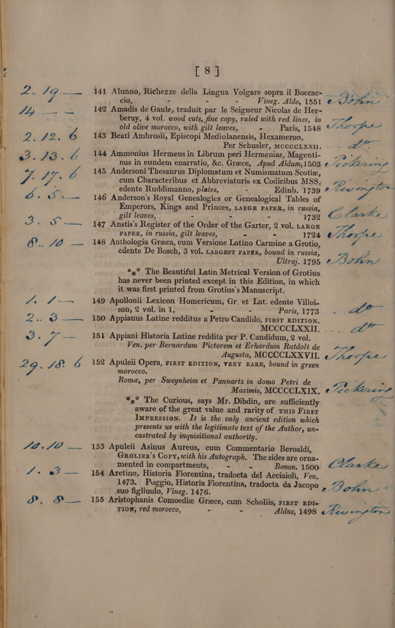 a2 oe er ———— SSS anne AE ig PUR nia A a a a; Bee [8] 141 Alunno, Richezze della Lingua Volgare sopra il Boccac- PCRs - - - Vineg. Aldo, 1551 142 Amadis de Gaule, traduit par le Seigneur Nicolas de Her- beray, 4 vol. wood cuts, fine copy, ruled with red lines, in old olive morocco, with gilt leaves, te Paris, 1548 143 Beati Ambrosii, Episcopi Mediolanensis, Hexameron, Per Schusler, mccccLxxit. 144 Ammonius Hermeus in Librum peri Hermenias, Magenti- . nus in eundem enarratio, &amp;c. Grece, Apud Aldum, 1508 145 Andersoni Thesaurus Diplomatum et Numismatum Scotie, cum Characteribus et Abbreviaturis ex Codicibus MSS, ~ edente Ruddimanno, plates, - Edinb. 1739 Emperors, Kings and Princes, LarGEe PAPER, in russia, gilt leaves, = - - 1732 147 Anstis’s Register of the Order of the Garter, 2 vol. LARGE PAPER, in russia, gilt leaves, - “ 1724 148 Anthologia Greeca, eum Versione Latino Carmine a Grotio, edente De Bosch, 3 vol. LARGEST PAPER, bound in russia, | Ultraj. 1795 *,* The Beautiful Latin Metrical Version of Grotius has never been printed except in this Edition, in which _ it was first printed from Grotius’s Manuscript. 149 Apollonii Lexicon Homericum, Gr. et Lat. edente Villoi- son, 2 vol. in 1, - - Paris, 1773 150 Appianus Latine redditus a Petro Candido, rirst EDITION. 151 Appiani Historia Latine reddita per P. Candidum, 2 vol. Ven. per Bernardum Pictorem et Erhardum Ratdolt de Augusta, MCCCCLXXVII. 152 Apuleii Opera, rirstT EDITION, VERY RARE, bound in green morocco. Rome, per Sweynheim et Pannartz in domo Petri de Maximis, MCCCCLXIX, *,* The Curious, says Mr. Dibdin, are sufficiently aware of the great value and rarity of tu1s First Impression. It is the only ancient edition which presents us with the legitimate text of the Author, un- castrated by inquisitional authority. 153 Apuleii Asinus Aureus, cum Commentario Beroaldi, Grotizr’s Copy, with his Autograph. The sides are orna- mented in compartments, ~ - Bonon. 1500 154 Aretino, Historia Fiorentina, tradocta del Acciaioli, Ven. &gt; en AL _ “Je ff rr ec LAheieny ak. ’ suo figliuolo, Vineg. 1476. 155 Aristophanis Comoedize Grace, cum Scholiis, FiRsT EDI« PA