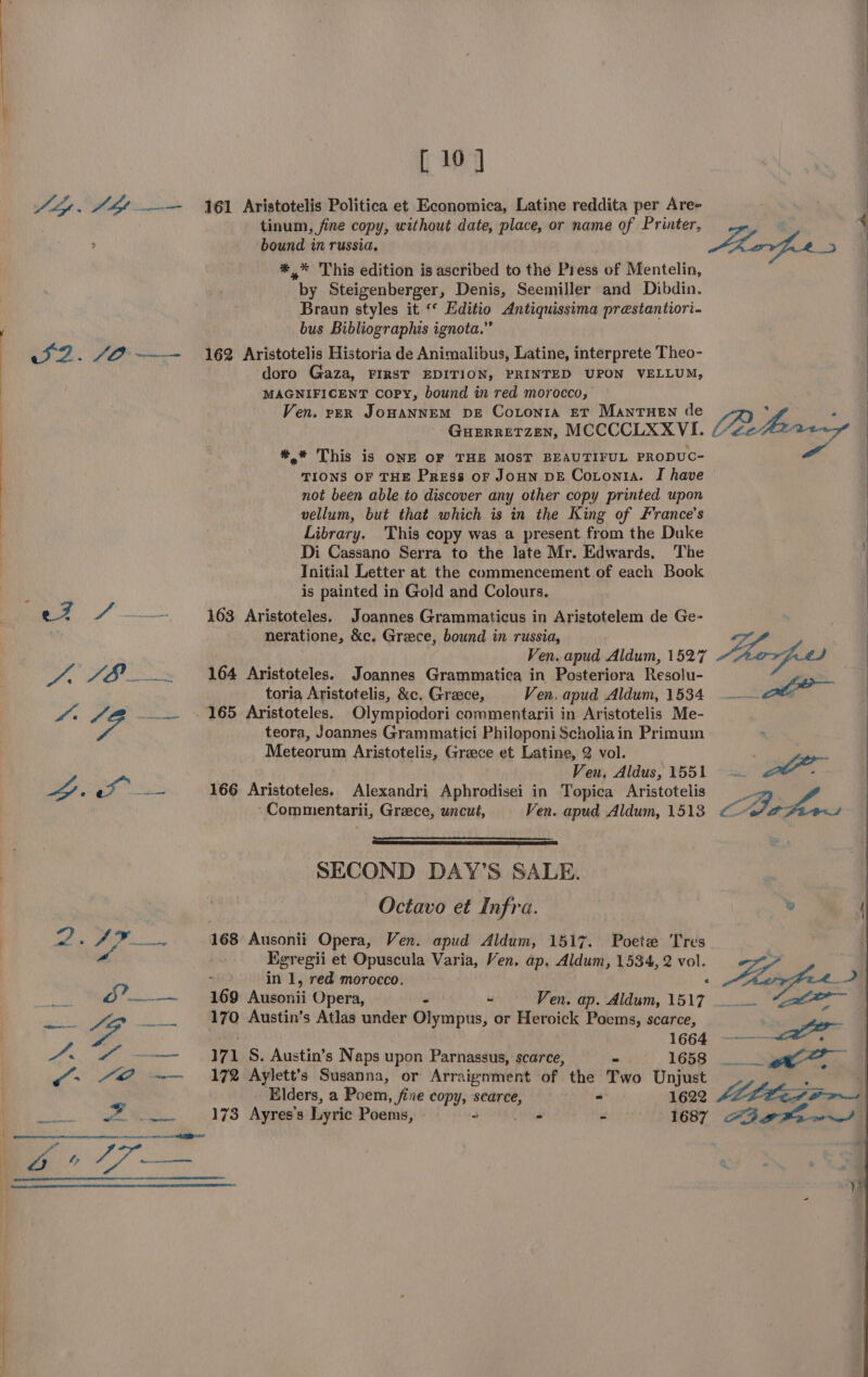 ele. ae dr Rilidrrs Sos it2.. Ja [ 10 ] 161 Aristotelis Politica et Economica, Latine reddita per Are- tinum, fine copy, without date, place, or name of Printer, bound in russia. #,* This edition is ascribed to the Press of Mentelin, by Steigenberger, Denis, Seemiller and Dibdin. Braun styles it ‘‘ Editio Antiquissima prestantiori- bus Bibliographis ignota.” 162 Aristotelis Historia de Animalibus, Latine, interprete Theo- doro Gaza, FIRST EDITION, PRINTED UPON VELLUM, MAGNIFICENT Copy, bound in red morocco, Ven. rpER JOHANNEM DE Cotonra ET MantTHEN de Guerretzen, MCCCCLXXVI. *,* This is ONE OF THE MOST BEAUTIFUL PRODUC- TIONS OF THE Press oF JoHN DE Cotonia. I have not been able to discover any other copy printed upon vellum, but that which is in the King of France's Library. This copy was a present from the Duke Di Cassano Serra to the late Mr. Edwards, The Initial Letter at the commencement of each Book is painted in Gold and Colours. 163 Aristoteles. Joannes Grammaticus in Aristotelem de Ge- neratione, &amp;c. Grece, bound in russia, Ven. apud Aldum, 1527 164 Aristoteles. Joannes Grammatica in Posteriora Resolu- toria Aristotelis, &amp;c. Grace, Ven. apud Aldum, 1534 Olympiodori commentarii in Aristotelis Me- teora, Joannes Grammatici Philoponi Scholiain Primum Meteorum Aristotelis, Grace et Latine, 2 vol. Ven, Aldus, 1551 166 Aristoteles. Alexandri Aphrodisei in Topica Aristotelis ‘Commentarii, Greece, uncut, Ven. apud Aldum, 1513 SECOND DAY’S SALE. Octavo et Infra. 168 Ausonii Opera, Ven. apud Aldum, 1517. Poete Tres Egregii et Opuscula Varia, Ven. ap. Aldum, 1534, 2 vol. in 1, red morocco. ‘ 169 Ausonii Opera, ¥ - Ven. ap. Aldum, 1517 170 Austin’s Atlas under Olympus, or Heroick Poems, scarce, 1664 171 S. Austin’s Naps upon Parnassus, scarce, - 1658 172 Aylett’s Susanna, or Arraignment of the Two Unjust Elders, a Poem, fine copy, scarce, - 1622 173 Ayres’s Lyric Poems, ~ - - 1687 aes (Betas, — ogy Cate a Fo ke Pig ee, |