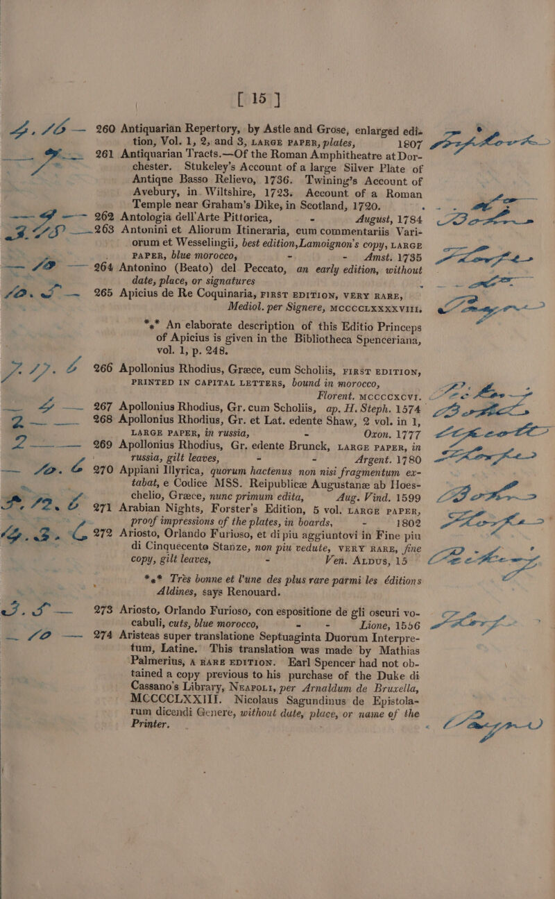 A ‘“ Jib —~ 260 Antiquarian Repertory, by Astle and Grose, enlarged edi» tion, Vol. 1, 2,,and 3, LARGE PAPER, plates, 1807 —.. 261 Antiquarian Tracts.—Of the Roman Amphitheatre at Dor- re chester. Stukeley’s Account of a large Silver Plate of \ | Antique Basso Relievo, 1736. Twining’s Account of Avebury, in. Wiltshire, 1723. Account of a Roman Temple near Graham’s Dike, in Scotland, 1720. ; = ~~ 262 Antologia dell’ Arte Pittorica, e August, 1784. ft. aS _.~263 Antonini et Aliorum Itineraria, cum commentariis Vari- y orum et Wesselingii, best edition, Lamoignon’s copy, LARGE ‘ PAPER, blue morocco, - - Amst. 1735 —— fa -— 264 Antonino (Beato) del. Peccato, an early edition, without es date, place, or signatures JO. 6 —~ 265 Apicius de Re Coquinaria, rizst EDITION, VERY RARE, Mediol. per Signere, mccCCLXXXXVIII, w * An elaborate description of this Editio Princeps of Apicius is given in the Bibliotheca Spenceriana, vol. 1, p. 248. we 4). al 266 Apollonius Rhodius, Grace, cum Scholiis, First EDITION, PRINTED IN CAPITAL LETTERS, bound in morocco, ion 268 Apollonius Rhodius, Gr. et Lat. edente Shaw, 2 vol. in 1, LARGE PAPER, in russia, - Oxon. 1777 ed ———— 269 Apollonius Rhodius, Gr. edente Brunck, Larce paper, in russia, gilt leaves, = - Argent. 1780 ~—— ra 270 Appiani Illyrica, quorum hactenus non nisi fragmentum ex- mM tabat, e Codice MSS. Reipublica Augustane ab Hoes- - Pons na chelio, Grace, nunc primum edita, Aug. Vind. 1599 ¢ 72 e 271 Arabian Nights, Forster’s Edition, 5 vol. tarce PAPER, : esi ye, proof impressions of the plates, in boards, . 1802 Wy “ 3 ™ dL, 272 Ariosto, Orlando Furivso, et di piu aggiuntovi in Fine piu eo di Cinquecente Stanze, non piu vedute, VERY RARE, fine copy, gilt leaves, - Ven. Atvus, 15 *,* Tres bonne et l'une des plus rare parmi les Editions Aldines, says Renouard. a? » 2 — 273 Ariosto, Orlando Furioso, con espositione de gli oscuri vo- cabuli, cuts, blue morocco, - - Dione, 1556 — £2 —~ %74 Aristeas super translatione Septuaginta Duorum Interpre- : tum, Latine. This translation was made by Mathias Palmerius, A RARE EDITION. Earl Spencer had not ob- tained a copy previous to his purchase of the Duke di Cassano’s Library, Neaport, per Arnaldum de Bruxella, MCCCCLXXIII. Nicolaus Sagundinus de Epistola- rum dicendi Genere, without dute, place, or name ef the | Printer. &gt; et ae a LB wth»