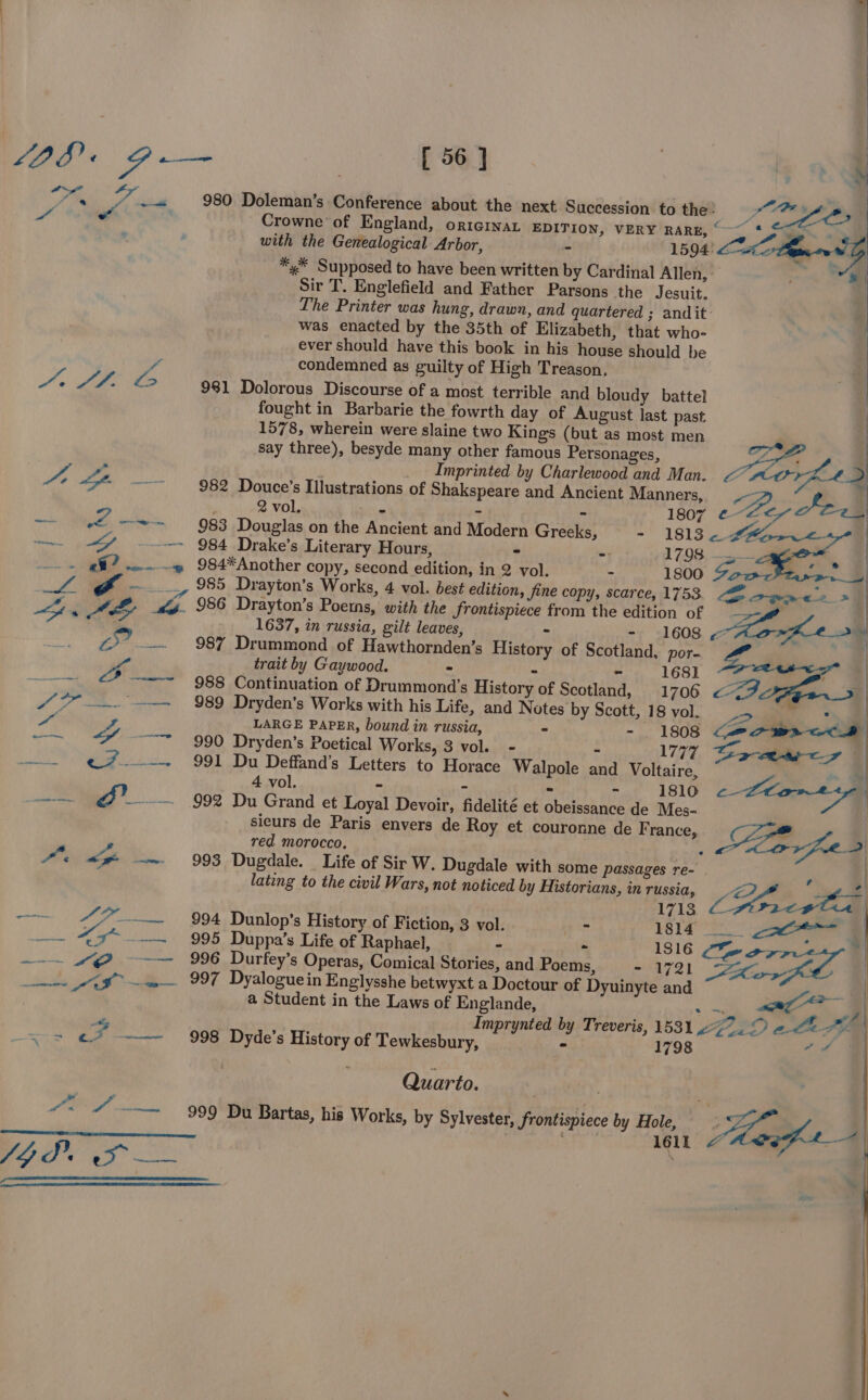 LOB Pr— | 3. “Pm sf Sia at 980 Doleman’s Conference about the next Succession to the- ~e ea a “ Crowne of England, ortcina EDITION, VERY RARE, © — * So * with the Genealogical Arbor, - 1594: afm OD * * Supposed to have been written by Cardinal Allen, Sir T. Englefield and Father Parsons the Jesuit. The Printer was hung, drawn, and quartered ; andit | was enacted by the 35th of Elizabeth, that who- ever should have this book in his house should be id condemned as guilty of High Treason, A. A. 981 Dolorous Discourse of a most terrible and bloudy battel fought in Barbarie the fowrth day of August last past 1578, wherein were slaine two Kings (but as most men say three), besyde many other famous Personages, SB : WP Za Imprinted by Charlewood and Man. <C> - od pee 982 Douce’s Illustrations of Shakspeare and Ancient Manners, _— 2 vol. : { : 1807 ¢ Bop Fea — ig 983 Douglas on the Ancient and Modern Greeks, = 1813 Store 4 — FS ~~ 984 Drake’s Literary Hours, “ - 17.98, —.— ws TNS | _.- @f? —.» 984*Another copy, second edition, in 2 vol. - 1800 Gour¥ | ary — ___, 985 Drayion’s Works, 4 vol. best edition, Jine copy, scarce, 1753 Far een «2 > . 986 Drayton’s Poetns, with the frontispiece from the edition of rs a ‘ sod ae 1637, in russia, gilt ee é ~ - 1608 ol Oe | “ye -— 987 Drummond of Hawthornden’s History of Scotland, por- Zz. : trait by Gaywood. > - - 1681 | —~ €% —~—- 988 Continuation of Drummond's History of Scotland, 1706 << ‘4 4 7 ~~ ——~ 989 Dryden’s Works with his Life, and Notes by Scott, 18 vol. a “i Pa LARGE PAPER, bound in russia, = - 1808 (27392 oD eh Y ~~~ 990 Dryden’s Poetical Works, 3 vol. - - 1777 oa nn. eo ©6881 Dn Deffand's Lelters to: Horace Walpole and Voltaire, | 4 vol. - - - ~ 1810 Llane | ——. *: Lia ~~ 992 Du Grand et Loyal Devoir, fidelité et obeissance de Mes- sieurs de Paris envers de Roy et couronne de F rance, SCZ eae red morocco, .£ rpae2 € > 993 Dugdale. Life of Sir W. Dugdale with some passages re- | ) lating to the civil Wars, not noticed by Historians, in russia, <2 oe te 1713 oe | oo pee ——— 994 Dunlop’s History of Fiction, 3 vol. PT lety Ll oo a I -— si iGo 995 Duppa’s Life of Raphael, - - 1S16 “eo p | —_-— &@ ~—— 996 Durfey’s Operas, Comical Stories, and Poems, SA7 21. See a eS ~~ 997 Dyaloguein Englysshe betwyxt a Doctour of Dyuinyte and | a Student in the Laws of Englande, ae: Pa aa || ? | Imprynted by Treveris, 1531 uo. © ela FE | Is iy ——— 998 Dyde’s History of Tewkesbury, - 1798 aa | “ | Quarto. | | ! 999 Du Bartas, his Works, by Sylvester, frontispiece by Hole, Zia J | J oA, SJ * oO Pats oP | SOR isons