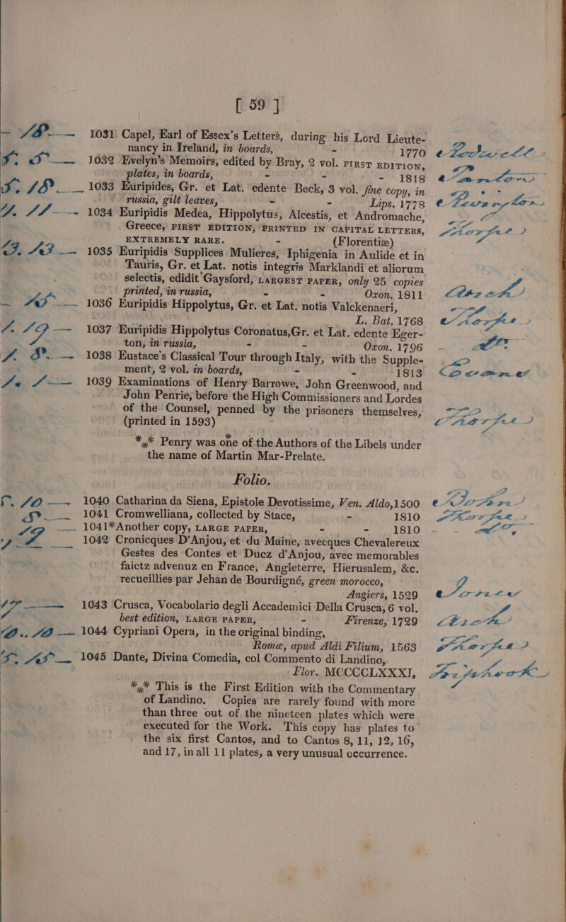/ — Pou a 42. aie 4/9 — , a Bi: Ae — a : ra i A O¢ [ 59 ] 1031: Capel, Earl of Essex’s Letters, during his Lord Lieute- nancy in Treland, in boards, = 1770 1032 Fivelyn’s Memoirs, edited by Bray, 2 vol. rtrst EpiTion, plates, in boards, - ~ - 1818 1033 Euripides, Gr. et Lat. edente Beck, 3 vol. Jine copy, in - “russia, gilt leaves, - ~ Lips. 1778 1034 Euripidis Medea, Hippolytus, Alcestis, et Andromache, Greece, FIRST EDITION, PRINTED IN CAPITAL LETTERS, EXTREMELY RARE. spi (Florentiz) 1035 Euripidis Supplices Mulieres, Iphigenia in Aulide et in Tauris, Gr. et Lat. notis integris Marklandi et aliorum selectis, edidit Gaysford, LARGEST PAPER, only 25 copies printed, in russia, - - Oxon. 1811 1036 Euripidis Hippolytus, Gr. et Lat. notis Valckenaeri, | | L. Bat. 1768 1037 Euripidis Hippolytus Coronatus,Gr. et Lat. edente Eger- ton, in russia, - - Oxon. 17.96 1038 Eustace’s Classical Tour through Italy, with the Supple- ment, 2 vol. in boards, - - 1813 1039 Examinations of Henry Barrowe, John Greenwood, aud John Penrie, before the High Commissioners and Lordes of the Counsel, penned by the prisoners themselves, (printed in 1593) *,* Penry was one of the Authors of the Libels under the name of Martin Mar-Prelate. | _ Folio. 1040 Catharina da Siena, Epistole Devotissime, Ven. Aldo,1500 1041 Cromwelliana, collected by Stace, ~ 1810 1041*Another copy, LARGE PAPER, - - 1810 1042 Cronicques D’Anjou, et du Maine, avecques Chevalereux Gestes des Contes et Ducz d’Anjou, avec memorables faictz advenuz en France, Angleterre, Hierusalem, &amp;c. recueillies par Jehan de Bourdigné, green morocco, ; Angiers, 1529 1043 Crusca, Vocabolaric degli Accademici Della Crusca, 6 vol. best edition, LARGE PAPER, = Firenze, 1729 1044 Cypriani Opera, in the original binding, Rome, apud Aldi Filium, 1563 Flor. MCCCCLXXXI, *,* This is the First Edition with the Commentary of Landino. Copies are rarely found with more than three out of the nineteen plates which were executed for the Work. This copy has plates to the six first Cantos, and to Cantos 8, 11, 12, 16, and 17, inall 11 plates, a very unusual occurrence. e cette LE) , Pe ee €. Boers oy Lo 2 ae wae ory ae, on we? AGP” case! ah > C2 c* ar gn ae > we 4 ¢ a ¢ Ki aa? oar Jee ? G4 a eater Lb 2 ee Jojo Ke