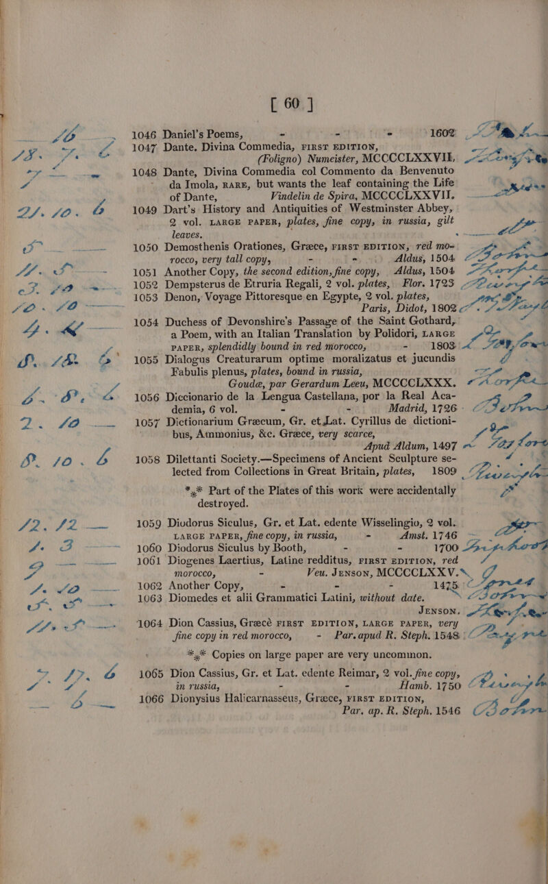 : | OTe ay My 4. fO oy Bo AF nd ct. ¢O ee. tae OTS, a sad s@. gs te i Vo AGN do go RS 3 2 if a0 ra Po WLP @ iF es a SL I ra Mae A a fo [ 60] 1046 Daniel’s Poems, - st ie Tie 160% Tits 1047. Dante. Divina Commedia, FIRST EDITION, (Foligno) Numeister, MCCCCLXXVIL LONG St 1048 Dante, Divina Commedia col Commento da Benvenuto da Imola, raRE, but wants the leaf containing the Life £ a of Dante, Vindelin de Spira, MCCCCLXXVII. aoe 1049 Dart’s History and Antiquities of Westminster Abbey, Q vol. LARGE PAPER, plates, fine copy, in russia, gilt leaves. ; + pres La. 1050 Demosthenis Orationes, Greve, FIRST EDITION, red mo-= rocco, very tall copy, - . Aldus, 1504 <A pa3 1051 Another Copy, the second Pina fine copy, Aldus, 1504 Ia a, 1052 Dempsterus de Etruria Regali, 2 vol. plates, Flor. 1723 , OP pa 1053 Denon, Voyage Pittoresque en Egypte, 2 vol. plates, Paris, Didot, 180% the SG, é 1054 Duchess of Devonshire’s Passaye of the Saint Gothard,. “i a Poem, with an Italian Translation by Polidori, LarcE fm Las PAPER, $ splendidly bound in red morocco, - 1803: 1055 Dialogus Creaturarum optime moralizatus et jucundis Fabulis plenus, plates, bound in russia, — Goude, par Gerardum Leeu, MCCCCLXXX. 4“ +Uo77 1056 Diccionario de la Lengua Castellana, por la Real Aca- 4 demia, 6 vol. “ “ Madrid, 1726 A AiZt 1057 Dictionarium Grecum, Gr. et Lat. Cyrillus de Hotiont bus, Ammonius, &amp;c. Grece, very scarce, lo Apud Aldum, 1497 «« “Gag ore 1058 Dilettanti Society. —Specimens of Ancient Sculpture se- ‘ a lected from Collections in Great Britain, plates, 1809 < (gay Pre: A * * Part of the Plates of this work were accidentally L destroyed. 1059 Divdorus Siculus, Gr. et Lat. edente Wisselingio, 2 vol. BE LARGE PAPER, fine copy, in russia, - Amst.1746 =~ | = 1060 Diodorus Siculus by Booth, - - 1700 0 Finer 1061 Diogenes Laertius, Ealing) redditus, FIRST EDITION, red morocco, - Veu. Jenson, MCCCCLXXV.™. 1062 Another Copy, < 1475 é Ai Ss 1063 Diomedes et alii Grammatici Tone without date. ris Then fae 1064 Dion Cassius, Grecé FIRST EDITION, LARGE PAPER, very _-zy fine copy in red morocco, - Par.apud R. Steph. 1548) <- Ao ¥ pete *,* Copies on large paper are very uncommon. 1065 Dion Cassius, Gr. et Lat. edente Reimar, 2 vol. fine copy, ae es ; in russia, - . Hamb. 1750 “ 44+ he 1066 Dionysius Halicarnasseus, Greece, FIRST EDITION, : Par. ap. R. Steph, 1546 Bota