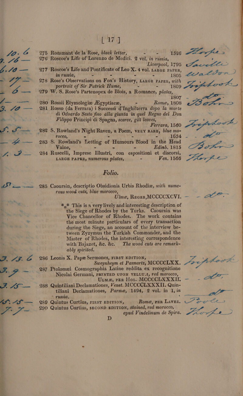 [17] 275 Rommant de la Rose, black letter, “ - 1526 276 Roscoe’s Life of Lorenzo de Medici. 2 vol. in russia, Liverpool, 1795 277 Roscoe’s Life and Pontificate of Leo X. 4 vol. Lance PAPER, in russia, = = - = 1805 278 Rose’s Observations on Fox’s History, tance Paper, with portrait of Sir Putrick Hume, - - 1809 279 Ww. S. Rose’s Partenopex de Blois, a Romance, plates, 1807 280 Rossii Etymologiz Ezgyptiace, - Rome, 1808 281 Rosso (da Ferrara) i Successi d’Inghilterra dopo la morte di Odoardo Sesto fino alla giunta in quel Regno del Don Filippo Principi di Spagna, scarce, gilt leaves, Ferrara, 1560 roceo,  - 1634 283 S. Rowland’s Letting of Fiatnddit Blood in the Head Vaine, - - - Edinb. 1815 284 Ruscelli, Imprese Illustri, con espositioni et discorsi, LARGE PAPER, numerous plates, - Ven. 1566 Folio. arf 4» AOD oie Lea lor J, lle | Zgjidh | Lee Shofr =&gt; rous wood cuts, blue morocco, Ulme, Recer,MCCCCXCVI. *,* This is a very lively and interesting description of ie Siege of Rhodes by the Turks. Caoursin was Vice Chancellor of Rhodes.. The work contains the most minute particulars of every transaction during the Siege, an account of the interview be- tween Zyzymus the Turkish Commander, and the Master of Rhodes, the interesting correspondence with Bajazet, &amp;c. &amp;c. The Hens cuts are remark- ably spirited. 286 Leonis X. Pape Sermones, FIRST EDITION, Sweynheym et Pannartz, MCCCCLXX. 287 Ptolomei Cosmographia Latine reddita ex recognitione Nicolai Germani, PRYNTED UPON VELLU:4, red morocco, Ui, rer Hot. MCCCCLXXXII. 288 Quintiliani Declamationes, Venet. MCCCCLXXXII. Quin- tiliani Declamationes, Parme, 1494, 2 vol. in 1, i * russia. 289 Quintus Curtius, riRST EDITION, Rome, ver Laven. 290 Quintus Curtius, sECcOND EDITION, stained, red morocco, apud Vindelinum de Spira. - 20m wee ae a - Ps Ses Sale