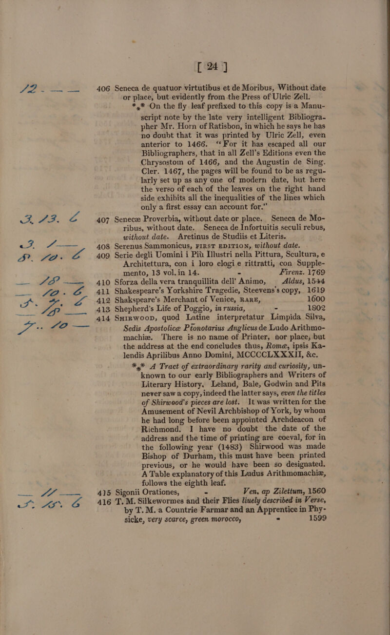 Pee Se =i eA 2 /——_— ee _ ee St. ae 2a. ge Zs 406 [ 24] Seneca de quatuor virtutibus et de Moribus, Without date or place, but evidently from the Press of Ulric Zell. *.* On the fly leaf prefixed to this copy is a Manu- script note by the late very intelligent Bibliogra- pher Mr. Horn of Ratisbon, in which he says he has no doubt that it was printed by Ulric Zell, even anterior to 1466. “For it has escaped all our Bibliographers, that in all Zell's Editions even the Chrysostom of 1466, and the Augustin de Sing. Cler. 1467, the pages will be found to be as regu- larly set up as any one of modern date, but here the verso of each of the leaves on the right hand side exhibits all the inequalities of the lines which only a first essay can account for.” Senece Proverbia, without date or place. Seneca de Mo- ribus, without date. Seneca de Infortuitis seculi rebus, without date. Aretinus de Studiis et Literis. Serenus Sammonicus, FIRST EDITION, without date. . Serie degli Uomini i Pit Illustri nella Pittura, Scultura, e Architettura, con i loro elogie rittratti, con Supple- mento, 13 vol.in 14. - Firenz. 1769 Sforza della vera tranquillita dell’ Animo, Aldus, 1544 Shakespeare’s Yorkshire Tragedie, Steevens's copy, 1619 Shakspeare’s Merchant of Venice, RARE, 1600 Shepherd’s Life of Poggio, in russia, - 1802 SHirwoop, quod Latine interpretatur Limpida Silva, Sedis Apostolice Pionotarius Anglicus de Ludo Arithmo- machie. There is no name of Printer, nor place, but the address at the end concludes thus, Rome, ipsis Ka- lendis Aprilibus Anno Domini, MCCCCLXXXII, &amp;c. ** A Tract of extraordinary rarity and curiosity, un- known to our early Bibliographers and Writers of Literary History, Leland, Bale, Godwin and Pits never saw a copy, indeed the latter says, even the titles of Shirweod’s pieces are lost. It was written for the Amusement of Nevil Archbishep of York, by whom he had long before been appointed Archdeacon of Richmond. I have no doubt the date of the address and the time of printing are coeval, for in the following year (1483) Shirwood was made Bishop of Durham, this must have been printed previous, or he would have been so designated. A Table explanatory of this Ludus Arithmomachiz, follows the eighth leaf. by T. M..a Countrie Farmar and an Apprentice in Phy- sicke, very scarce, green morocco, a 1599
