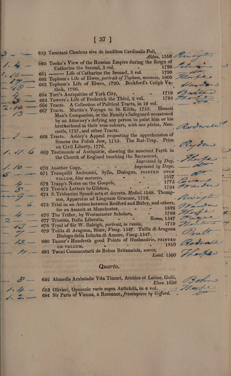 lees: G59 Tomitani Clonicus sive de laudibus Cardinalis Poli, : “ ° | | : Aldus, 1556 ipa Wa &amp; 660 Tooke’s View of the Russian Empire during the Reign of ik ee | Catharine the Second, 3-vol. - 1799 “e-em —74 4. (O—— 661 —— Life of Catharine the Second, 3 vol. 1799 ——— a&gt; | Sp 662 Topham’'s un of asi portrait of Topham, morocco, 1805 | | sah 663 Topham’s Life of Elwes, 1790. Beckford’s Cali h Va- eo — are 1786. PE ne i—~ $ — 664 Torr’s Antiquities of York City, - - 1719 Pout ge ——— «865 Towers’s Life of Frederick the Third, 2 vol. 1788 Kerf 2 D&gt; | 2.4/0 666 Tracts. A Collection of Political Tracts, in 19 vol. ee. | S3 ___ 667 Tracts. Martin’s Voyage to St. Kilda, 1753. Honest - Man’s Companion, or the Family’s Safeguard occasioned by an Attorney’s defying any person to paint him or his brotherhood in their true colours, with two plates, New- ey d re a castle, 1737, and other Tracts. ; ~— ns = 668 Tracts. Ashley's Appeal respecting the apprehension of | , Simons the Polish Jew, 1753. The Rat-Trap, Price ig ; S on Civil Liberty, 1776. _ : Egy Fe 40 LA 669 Testimonie of Antiquitie, shewing the auncient Fayth in &gt; the Church of England touching the Sacrament, Tt | Imprinted by Day. - A Fe aes “. 22 — 670 Another Copy, - - | Imprinted by Daye. ——— a ao — ——_ ‘671 Tranquilli Andronici, Sylla, Dialogus, PRINTED UPON 4 | VELLUM, blue morocco; » - 152%, &gt; i eee — &lt;—-—~ 672 Trapp’s Notes on the Gospels, - 1775 ava ae | SR |e 673 Travis’s Letters to Gibbon, - as 1794 a &lt;3-&gt; He oe F __ 674 S.Tridentini Synodi acta et decreta. Mediol. 1548. Thomp- . | son, Apparatus ad Linguam Grecam, 1732, ? Jw nates — — &amp;@~ 675 Trial in an Action between Redford and Birley, and others, 5 for an Assault at Manchester, el irate 1822 Aaa ea: \ ae —— 676 The Trifler, by Westminster Scholars, - 1788 orf + ae 2 — -—— 677 Trissino, Italia Liberata, - J. | Roma, 1547 Cao — go? — 678 Tryal of Sir W. Raleigh, portrait, in russia, 1719 Sant Ta oo 679 Tullia di Aragona, Rime, Vineg. 1547. Tullia di Aragona io ia | Dialogo della Infinita di Amore, Vineg. 1547. 3 oe Nr |. AZ — 680 Tusser’s Hundreth good Points of Husbandrie, PRINTED 22, of ON VELLUM, - - - 1810 —— 4 —— 681 Twini Commentarii de Rebus Britannicis, scarce, : ~ ; | Lond. 1590 Foxe ae Quarto. ? | = 2’ —~ 682 Ahmedis Arabsiade Vita Timuri, Arabice et Latine, Golii, = . , — ' Elsev. 1636 ZI oa &gt; 4. 4 — 683 Olivieri, Opuscole varie sopra Antichita, in 4 vol. a er ae. A. Z.—— 8A Sir Paris of Vienna, a Romance, frontispiece by Gifford. * pee aareel