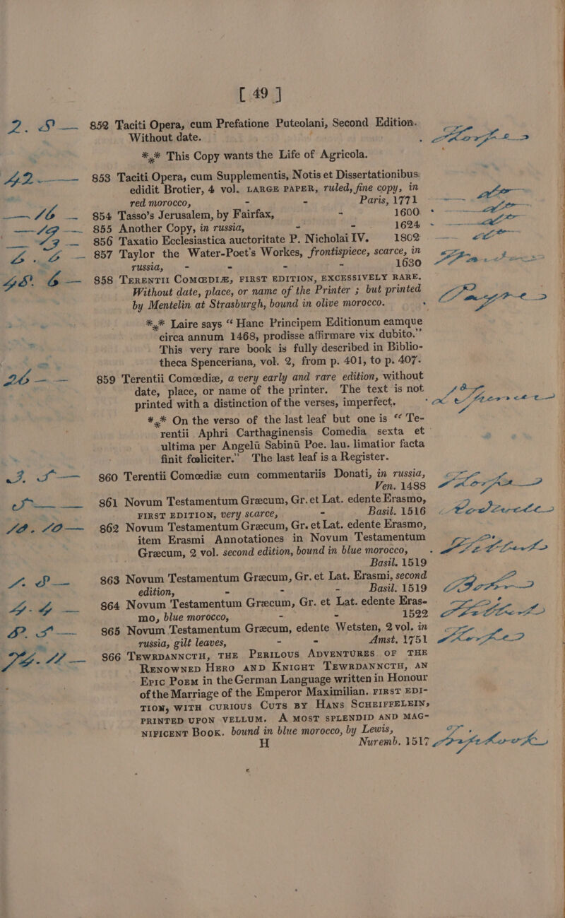 a Biie: Seal a a fs 6 — [ 49 J Without date. te *, This Copy wants the Life of Agricola. 853 Taciti Opera, cum Supplementis, Notis et Dissertationibus. edidit Brotier, 4 vol. LARGE PAPER, ruled, fine copy, in red morocco, - - Paris, 1771 $54 Tasso’s Jerusalem, by Fairfax, - 1600. 855 Another Copy, in russia, - 1624 856 Taxatio Ecclesiastica auctoritate P. Nicholai IV. 1862 . 857 Taylor the Water-Poet’s Workes, frontispiece, scarce, in russia, - “ : - 1630 858 TerentT11 COMGDI#, FIRST EDITION, EXCESSIVELY RARE, Without date, place, or name of the Printer ; but printed *,* Laire says “ Hance Principem Editionum eamque circa annum 1468, prodisse affirmare vix dubito.”’ This very rare book is fully described in Biblio- theca Spenceriana, vol. 2, from p. 401, to p. 407. 859 Terentii Comeedie, a very early and rare edition, without date, place, or name of the printer. The text is not printed with a distinction of the verses, imperfect. ** On the verso of the last leaf but one is “ Te- ee ——- P a “ —» ie + -e # ie ae Sy ultima per Angeli Sabinii Poe. lau. limatior facta finit fosliciter.” The last leaf is a Register. 860 Terentii Comedie cum commentariis Donati, in russia, Ven. 1488 861 Novum Testamentum Grecum, Gr. et Lat. edente Erasmo, FIRST EDITION, very scarce, - Basil. 1516 3862 Novum Testamentum Grecum, Gr. et Lat. edente Erasmo, item Erasmi Annotationes in Novum Testamentum Grecum, 2 vol. second edition, bound in blue morocco, Basil. 1519 363 Novum Testamentum Gracum, Gr. et Lat. Erasmi, second edition, % - - Basil. 1519 364 Novum Testamentum Grecum, Gr. et Lat. edente Erase mo, blue morocco, - ~ 1522 865 Novum Testamentum Grecum, edente Wetsten, 2 vol. in russia, gilé leaves, ~ - Amst, 1751 866 TeEWRDANNCTH, THE Perritous ADVENTURES OF THE Renownep Hero anpD Knicut TEWRDANNCTH, AN - Epic Poem in the German Language written in Honour of the Marriage of the Emperor Maximilian. rirst EDI- TION, WITH cuURIOUs Cuts BY Hans ScHEIFFELEIN; PRINTED UPON VELLUM. A MOST SPLENDID AND MAG~ NIFICENT Book. bound in blue morocco, by Lewis, Nuremb, 1517 Gg &gt;?” al * ls fs iar a a