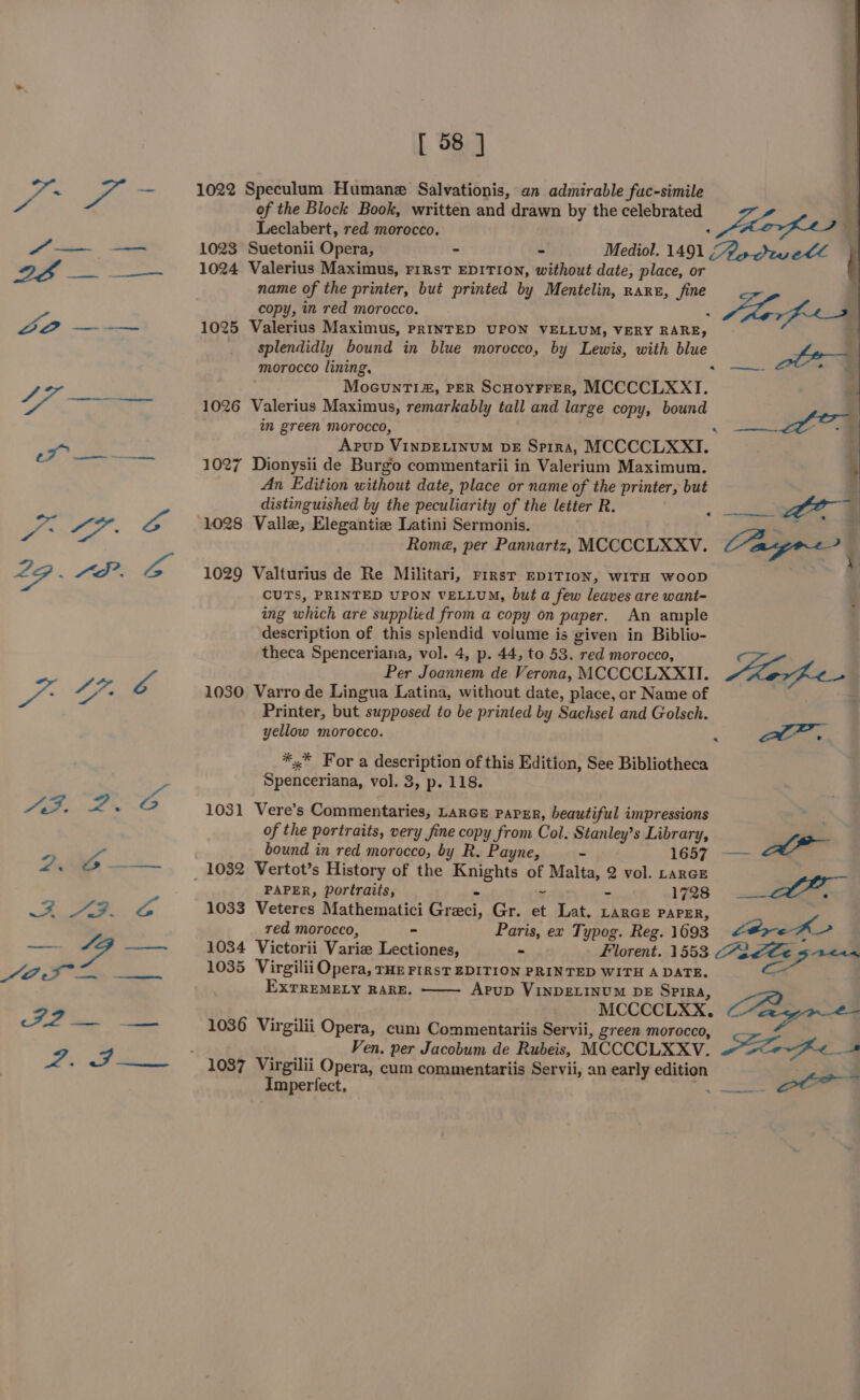 a 28 — —— L2 ——— f a reg [ 58 ] 1022 Speculum Humane Salvationis, an admirable fac-simile of the Block Book, written and drawn by the celebrated Leclabert, red morocco. : ‘i 1023 Suetonii Opera, - . Mediol. 1491 Aocwell | 1024 Valerius Maximus, FiRsT EDITION, without date, place, or name of the printer, but printed by Mentelin, rare, fine / copy, in red morocco. : lone 1025 Valerius Maximus, PRINTED UPON VELLUM, VERY RARE, a splendidly bound in blue morocco, by Lewis, with blue fe morocco lining, *) aon te MocunTia, PER ScHoyFrer, MCCCCLXXI. 1026 Valerius Maximus, remarkably tall and large copy, bound in green morocco, Arup VINDELINUM DE Spira, MCCCCLXXI. 1027 Dionysii de Burgo commentarii in Valerium Maximum. An Edition without date, place or name of the printer, but | distinguished by the peculiarity of the letter R. ~ a , q 1028 Valle, Elegantize Latini Sermonis. EE Cunt Rome, per Pannartz, M : a | Pp CCCCLXXV age : 1029 Valturius de Re Militari, First EDITION, wiITH wooD | CUTS, PRINTED UPON VELLUM, but a few leaves are want- ing which are supplied from a copy on paper. An ample description of this splendid volume is given in Biblio- theca Spenceriana, vol. 4, p. 44, to 53. red morocco, Per Joannem de Verona, MCCCCLXXII. 1030 Varro de Lingua Latina, without date, place, or Name of Printer, but supposed to be printed by Sachsel and Golsch. yellow morocco. afer ee *,* For a description of this Edition, See Bibliotheca Spenceriana, vol. 3, p. 118. 1031 Vere’s Commentaries, Lance paper, beautiful impressions of the portraits, very fine copy from Col. Stanley’s Library, bound in red morocco, by R. Payne, ~ 1657 Ae a se PAPER, portraits, - ~ ~ 1728 1033 Veteres Mathematici Greci, Gr. et Lat, Lance paper, red morocco, - Paris, ex Typog. Reg. 1693 Ltreh- : 1034 Victorii Varie Lectiones, - Florent. 1553 2.@@e 5221. 1035 Virgilii Opera, rH FIRST EDITION PRINTED WITH A DATE. EXTREMELY RARE. Arup VINDELINUM DE Sprra, MCCCCLXX. 1036 Virgilii Opera, cum: Commentariis Servii, green morocco, _- Ven. per Jacobum de Rubeis, MCCCCLXXV. a eae 1087 Virgilii Opera, cum commentariis Servii, an early edition Imperfect,