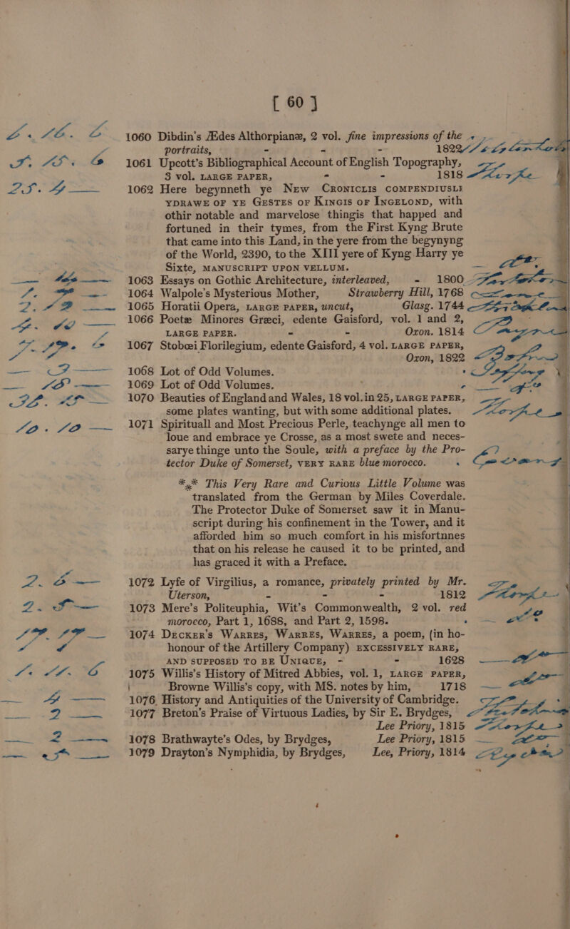 Ki LF%.B iy 2 ghito ee. ,. ae 2 Fe PEEP ae ae Peas. Do ear es 3 ics cee ee ae oe pie eg J [ 60} 1060 Dibdin's AXdes Alpine 2 vol. fine impressions of the + “ portraits, - 1893“ “&gt; Lasko 1061 Upcott’s Bibiaerephical Account of eee Topography, | 3 vol. LARGE PAPER, 1818 ore 1062 Here begynneth ye New Gaobtors COMPENDIUSLI YDRAWE OF YE GesTEs or Kineis or IncELoND, with othir notable and marvelose thingis that happed and fortuned in their tymes, from the First Kyng Brute that came into this Land, in the yere from the begynyng of the World, 2390, tothe XIII yere of Kyng Harry ye Sixte, MANUSCRIPT UPON VELLUM. ~ Pe 1063 Essays on Gothic Architecture, znterleaved, - 1800 Ke, 1064 Walpole’s Mysterious Mother, Strawberry Hill, 1768 ees 1065 Horatii Opera, LARGE PAPER, uncut, Glasg. 1744 LEGO. 1066 Poete Minores Greci, edente Gaisford, vol. 1 and 2, LARGE PAPER. - - Oxon. 1814 1067 Stobei Florilegium, edente Gaisford, 4 vol. LARGE PAPER, ‘ Oxon, 1822 GES i 1068 Lot of Odd Volumes. °&lt; id Pe 1069 Lot of Odd Volumes. on gk | 1071 Spirituall and Most Precious Perle, a cae all men to loue and embrace ye Crosse, as a most swete and neces- sarye thinge unto the Soule, with a preface by the Pro- a tector Duke of Somerset, VERY RARE blue morocco. : Sal eaten | ** This Very Rare and Curious Little Volume was translated from the German by Miles Coverdale. The Protector Duke of Somerset saw it in Manu- script during his confinement in the Tower, and it afforded him so much comfort in his misfortnnes that on his release he caused it to be printed, and has graced it with a Preface. 1072 Lyfe of Virgilius, a FomaneS, privately \ lei by Mr. Uterson, 1812 haf } 1073 Mere’s Poveuphia: Wit’s Contained 2 vol. red oF morocco, Part 1, 1688, and Part 2, 1598. « ae s ; 1074 DecKer’s Wakres: Warres, WarREs, a poem, (in ho- 4 honour of the Artillery Company) EXCESSIVELY RARE, é AND SUPPOSED TO BE UNIQUE, - - 1628 en ae 1075 Willis’s History of Mitred Abbies, vol. 1, LARGE PAPER, ps Browne Willis’s copy, with MS. notes by him, 1718 —— 1076. History and Antiquities of the University of Cambridge. ai me a 1077 Breton’s Praise of Virtuous Ladies, by Sir E. Brydges, ites Lee Priory, 1815 ee ee 1078 Brathwayte’s Odes, by Brydges, Lee Priory, 1815 —.. § oF 1079 Drayton’s Nymphidia, by Brydges, Lee, Priory, 1814 2Em cha