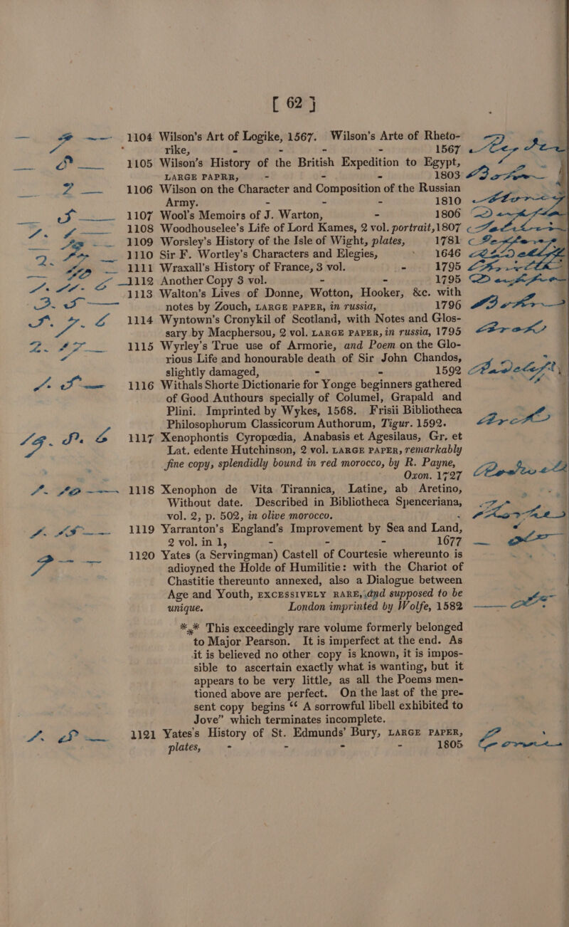 ee) ae meat &lt;# ~-- 1104 Wilson's Art of Logike, 1567. Wilson’s Arte of Rheto- a . rike, - - ~ - 1567 gg ____——:1105 ~Wilson’s History of the British Expedition to Egypt, LARGE PAPRR, - - - 1803 cm pest 1106 Wilson on the Character and Composition of the Russian Army. - - - 1810 ef 1107 Wool’s Memoirs of J. Warton, - 1806 Oe. ae 1108 Woodhouselee’s Life of Lord Kames, 2 vol. portrait,1807 “eg - — 1109 Worsley’s History of the Isle of Wight, plates, 1781 2 “- __ 1110 Sir F. Wortley’s Characters and Elegies, - 1646 pata “2 _. 1111 Wraxall’s History of France, 3 vol. - 1795 i oe 3112 Another Copy 3 vol. - ~ 1795 1113 Walton’s Lives of Donne, Wotton, Hooker, &amp;e. with ae notes by Zouch, LARGE PAPER, i” russia, 1796 ay ay i Z 1114 Wyntown’s Cronykil of Scotland, with Notes and Glos- sary by Macphersou, 2 vol. LARGE PAPER, in russia, 1795 2. 4A 1115 Wyrley’s True use of Armorie, and Poem on the Glo- a rious Life and honourable death of Sir John Chandos, 1116 Withals Shorte Dictionarie for Yonge beginners gathered of Good Authours specially of Columel, Grapald and Plini. Imprinted by Wykes, 1568. Frisii Bibliotheca Philosophorum Classicorum Authorum, Tigur. 1592. 1117 Xenophontis Cyropcedia, Anabasis et Agesilaus, Gr, et Lat. edente Hutchinson, 2 vol. LaRGE PAPER, remarkably fine copy, splendidly bound in red morocco, by R. Payne, Ozon. 1727 1118 Xenophon de Vita Tirannica, Latine, ab Aretino, Without date. Described in Bibliotheca Spenceriana, vol. 2, p. 502, in olive morocco. F 1119 Yarranton’s England’s Improvement by Sea and Land, 2 vol. in 1, - - - 1677 1120 Yates (a Servingman) Castell of Courtesie whereunto is adioyned the Holde of Humilitie: with the Chariot of Chastitie thereunto annexed, also a Dialogue. between Age and Youth, ExcEssivELY RARE, .dnd supposed to be unique. London imprinted by Wolfe, 1582 *,* This exceedingly rare volume formerly belonged to Major Pearson. It is imperfect at the end. As it is believed no other copy is known, it is impos- sible to ascertain exactly what is wanting, but it appears to be very little, as all the Poems men- tioned above are perfect. On the last of the pre- sent copy begins ‘* A sorrowful libell exhibited to Jove” which terminates incomplete. 1121 Yatess History of St. Edmunds’ Bury, LARGE PAPER, plates, - - - - 1805