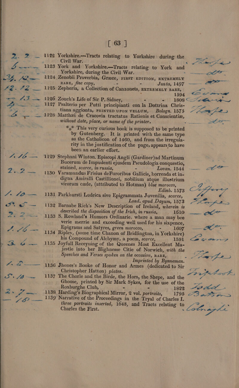 1122 Yorkshire.—Tracts relating to Yorkshire during the oe | Civil War. Sg Og a ee 1123 York and Yorkshire.—Tracts relating to York and bi Yorkshire, during the Civil War. ~ OO, 1124 Zenobii Proverbia, Greece, First EDITION, EXTREMELY iy RARE, fine copy, : - Junta, 1497 -—— <* 1125 Zepheria, a Collection of Canzonets, EXTREMELY RARE, en tes « 1594 <— eee 4126 Zouch’s Life of Sir P. Sidney, - - 1808 (“ene ~ 24 _ 1127 Psalterio per Putti principianti con la Dottrina Chris- tiana aggionta, PRINTED UPON VELLUM, Bologn. 1575 -~ Ke 3 1128 Matthei de Cracovia tractatus Rationis et Conscientiz, without date, place, or name of the printer. sens eT ** This very curious book is supposed to be printed by Gutenberg. It is printed with the same type as the Catholicon of 1460, and from the irregula- rity in the justification of the page, appears to have been an earlier effort. 1129 Stephani Winton. Episcopi Angli (Gardiner)ad Martinum Bucerum de Impudenti ejusdem Pseudologia conquestio, a stained, scarce, in russia, ~ Lovan. 1544 ——— Pi aaa 1130 Varamundus Frisius deFuroribus Gallicis, horrenda et in- digna Amiralli Castillionei, nobilium atque illustrium virorum cede, (attributed to Hotman) blue morocco, Edinb. 1573 Aperer 1131 Parkhursti Ludrica sive Epigrammata Juvenilia, scarce, 3 « Lond. apud Dayum, 1573 “x2 on 1132 Barnabe Rich’s New Description of Ireland, wherein is described the disposition of the Irish, in russia, 1610 _W.. aeee 1133 S. Rowland’s Humors Ordinarie, where a man may bee verie merrie and exceeding well used for his sixpence, Epigrams and Satyres, green morocco, - lee) 1134 Ripley, (some time Chanon of Bridlington, in Yorkshire) _-5 __his Compound of Alchymy, a poem, scarce, 1591 oe at Piers 5p 1135 Joyfull Receyuing of the Queenes Most Excellent Ma- jestie into her Highnesse Citie of Norwich, with the ; y T= Speeches and Verses spoken on the occasion, RARE, eas “Kory pe Imprinted by Bynneman. 1136 Jhones’s Booke of Honor and Armes (dedicated to Sir bate Christopher Hatton) plates. -oeprtove, 1137 The Chorle and the Birde, the Hors, the Shepe, and the a Ghoose, printed by Sir Mark Sykes, for the use of the ——- Roxburghe Club, - - 1822 “eo? BX 1138, Harding’s Biographical Mirror, 2 vol. portraits, 1795 1139 Narrative of the Proceedings in the Tryal of Charles I. three portraits inserted, 1648, and Tracts relating to LL ; LPP» ane OF I Os, Charles the First. ‘