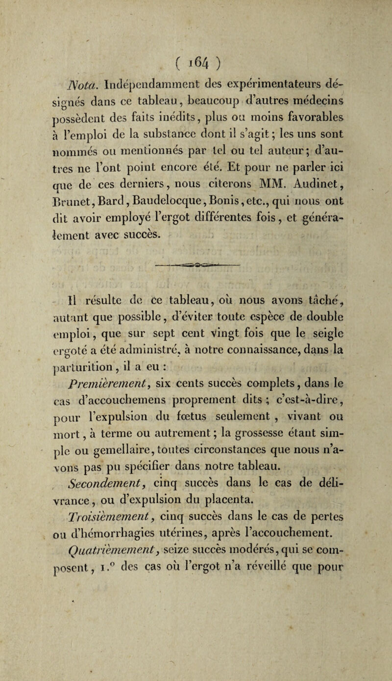 ( «64 ) JSota. Indépendamment des expérimentateurs dé¬ signés dans ce tableau , beaucoup d’autres médecins possèdent des faits inédits, plus ou moins favorables à l’emploi de la substance dont il s’agit ; les uns sont nommés ou mentionnés par tel ou tel auteur ; d’au¬ tres ne l’ont point encore été. Et pour ne parler ici que de ces derniers, nous citerons MM. Audinet, Brunet, Bard, Baudelocque, Bonis, etc., qui nous ont dit avoir employé l’ergot différentes fois, et généra¬ lement avec succès. Il résulte de ce tableau, ou nous avons tâché, autant que possible, d’éviter toute espèce de double emploi, que sur sept cent vingt fois que le seigle ergoté a été administré, à notre connaissance, dans la ])arturition, il a eu : Premièrement, six cents succès complets, dans le cas d’accoucliemens proprement dits; c’est-à-dire, pour l’expulsion du fœtus seulement , vivant ou mort, à terme ou autrement ; la grossesse étant sim- ' pic ou gémellaire, toutes circonstances que nous n’a¬ vons pas pu spécifier dans notre tableau. Secondement, cinq succès dans le cas de déli¬ vrance , ou d’expulsion du placenta. Troisièmement, cinq succès dans le cas de pertes ou d’hémorrhagies utérines, après l’accouchement. Quatrièmement, seize succès modérés, qui se com¬ posent , Ides cas oii l’ergot n’a réveillé que pour