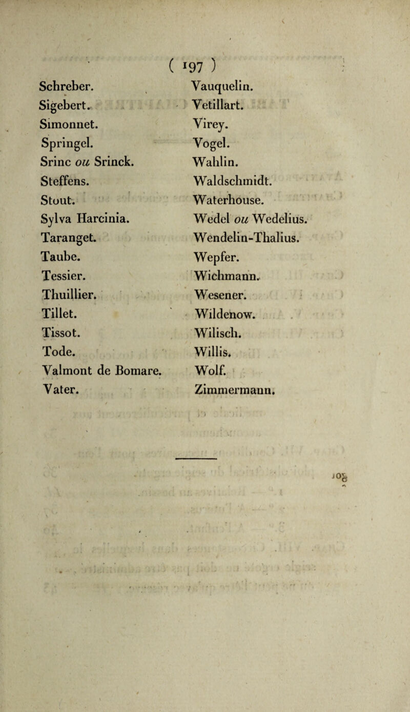 Schreber. » Vauquelin. Sigebert. ' Vëtillart. Simonnet. Virey. Springel. Vogel. Srinc ou Srinck. Wablin. Steffens. Waldscbinidt. Stout. Waterbouse. Sylva Harcinia. Wedel ou Wedelius. Taranget. Wendelin-Tbalius. Taube. Wepfer. Tessier. Wicbmann. Tbuillier. Wesener. Tillet. ' Wildenow. . Tissot. Wiliscb. Tode. Willis. Valmont de Bomare. Wolf. Vater. • • Zimmermann.