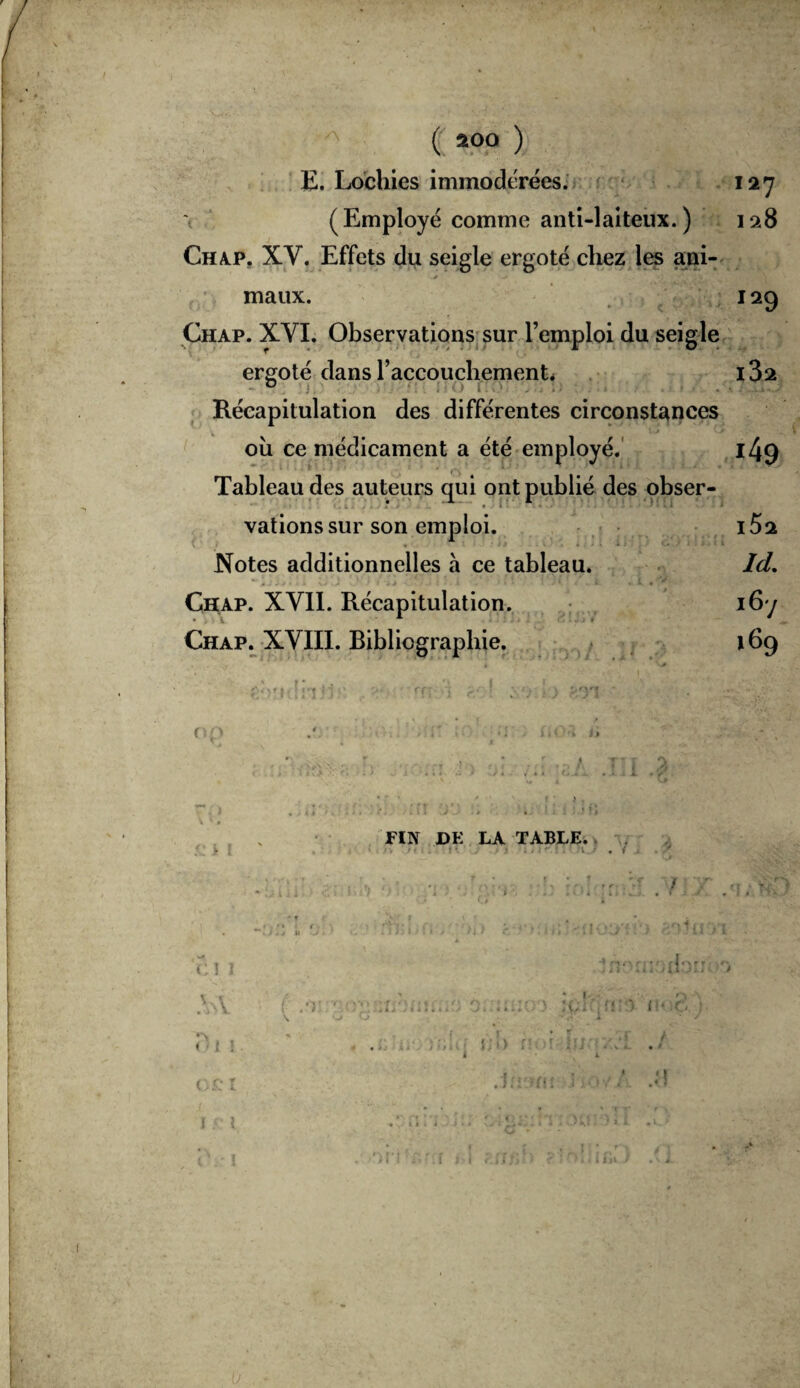 ( ) E. Lochies immodt’rëes: f ‘ 127 t (Employé comme anti-laiteux.) 128 Cha.p, XV. Effets du seigle ergoté chez les ani- y maux. , 129 Chap. XVI. Observations sur l’emploi du seigle ergoté dans raccouchement* i32 Récapitulation des différentes circonstances où ce médicament a été employé.' 149 Tableau des auteurs qui ont publié des obser¬ vations sur son emploi. i52 Notes additionnelles h ce tableau. Id, • « Chap. XVll. Récapitulation. i6y Chap._ XVIII. Bibliographie. ^ ^ . 169 r* FIN UE LA TABLE. - , . .'I . i t; ! ! V • ! ; I ! t> J. ‘ .-1