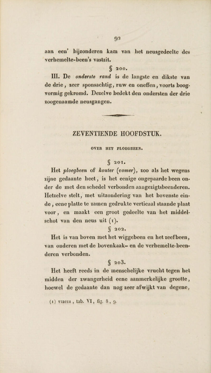 aan een’ bijzonderen kam van het neusgedeelte des verhemelte-been’s vastzit. § 200. III. De onderste rand is de langste en dikste van de drie, zeer sponsachtig, ruw en oneffen, voorts boog¬ vormig gekromd. Dezelve bedekt den ondersten der drie zoogenaamde neusgangen. ZEVENTIENDE HOOFDSTUK. OVER HET PLOEGBEEN. § 201. Het ploegbeen of kouter (vomer), zoo als liet wegens zijne gedaante heet, is het eenige ongepaarde been on¬ der de met den schedel verbonden aaogezigtsbeenderen. Hetzelve stelt, met uitzondering van het bovenste ein¬ de , eene platte te zamen gedrukte verticaal staande plaat voor, en maakt een groot gedeelte van het middel¬ schot van den neus uit (i). § 202. Het is van boven met het wiggebeen en het zeef been, van onderen met de bovenkaak- en de verhemelte-been- deren verbonden. § 2o3. Het heeft reeds in de menschelijke vrucht tegen het midden der zwangerheid eene aanmerkelijke grootte, hoewel de gedaante dan nog zeer afwijkt van degene,