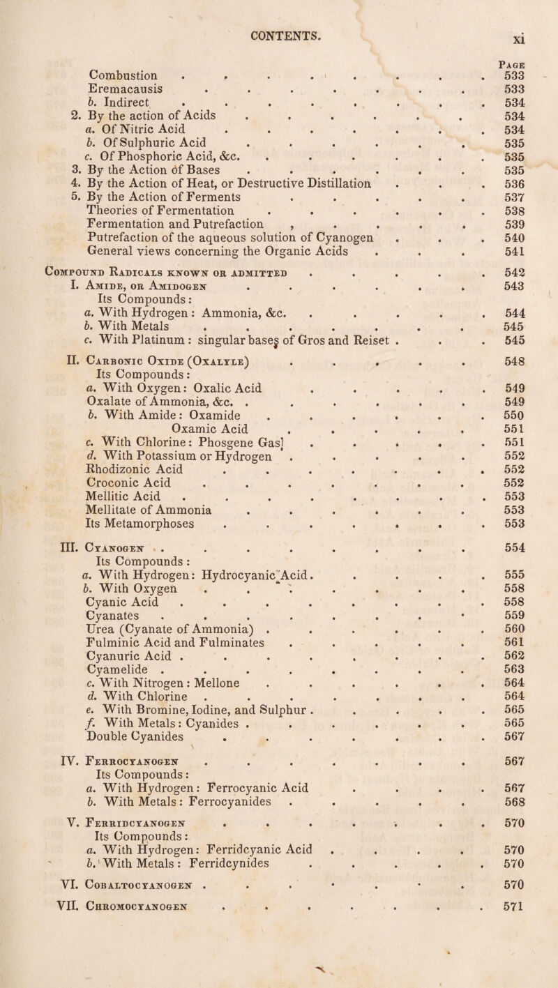 XI Page Combustion ........ 533 Eremacausis ....... 533 b. Indirect ........ 534 2. By the action of Acids ...... 534 a. Of Nitric Acid ....... 534 b. Of Sulphuric Acid ...... 535 c. Of Phosphoric Acid, &c. ...... 535 3. By the Action df Bases ...... 535 4. By the Action of Heat, or Destructive Distillation . . . 536 5. By the Action of Ferments ..... 537 Theories of Fermentation ...... 538 Fermentation and Putrefaction , 539 Putrefaction of the aqueous solution of Cyanogen . . . 540 General views concerning the Organic Acids . . . 541 Compound Radicals known or admitted ..... 542 I. Amide, or Amidogen ...... 543 Its Compounds: a. With Hydrogen : Ammonia, &c. ..... 544 b. With Metals ....... 545 c. With Platinum: singular base$ of Gros and Reiset . . . 545 II. Carbolic Oxide (Oxaltle) ..... 548 Its Compounds: a. With Oxygen: Oxalic Acid ..... 549 Oxalate of Ammonia, &c. . ..... 549 b. With Amide : Oxamide ...... 550 Oxamic Acid . . . . . 551 c. With Chlorine: Phossrene Gasl . . . . .551 o g d. With Potassium or Hydrogen ..... 552 Rhodizonic Acid ....... 552 Croconic Acid ....... 552 Mellitic Acid ........ 553 Meditate of Ammonia ...... 553 Its Metamorphoses ....... 553 III. Ctanogen ........ 554 Its Compounds : a. With Hydrogen: Hydrocyanic^Acid. .... 555 b. With Oxygen . . * . . . . 558 Cyanic Acid ........ 558 Cyanates ........ 559 Urea (Cyanate of Ammonia) ...... 560 Fulminic Acid and Fulminates ..... 561 Cyanuric Acid ........ 562 Cyamelide ........ 563 c. With Nitrogen: Mellone ...... 564 d. With Chlorine ....... 564 e. With Bromine, Iodine, and Sulphur . .... 565 f. With Metals : Cyanides ...... 565 Double Cyanides ....... 567 IV. Ferrocyanogen ....... 567 Its Compounds : a. With Hydrogen: Ferrocyanic Acid .... 567 b. With Metals: Ferrocyanides ..... 568 V. Ferridcyanogen ..... . . 570 Its Compounds : a. With Hydrogen: Ferridcyanic Acid .... 570 b. 'With Metals : Ferridcynides ..... 570 VI. CoB ALTO CYANOGEN ...*.•. 570 VII. Chromocyanogen 571