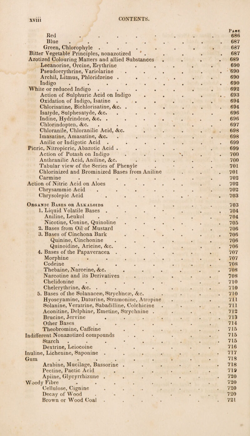 Red . Blue ..... Green, Chlorophyle .... Bitter Vegetable Principles, nonazotized Azotized Colouring Matters and allied Substances Lecanorine, Orcine, Erythrine Pseudoerythrine, Variolarine Archil, Litmus, Phloridzeine . Indigo ..... White or reduced Indigo .... Action of Sulphuric Acid on Indigo Oxidation of Indigo, Isatine . / . Chlorisatine, Bichlorisatine, &c. . Isatyde, Sulphesatyde, &c. Indine, Hydrindene, &c. . Chlorindopten, &c. .... Chloranile, Chloranilic Acid, &c. Imasatine, Amasatine, &c. Anilic or Indigotic Acid Picric, Nitropicric, Abazotic Acid . Action of Potash on Indigo Anthranilic Acid, Aniline, &c. Tabular view of the Series of Phenyle Chlorinized and Brominized Bases from Aniline Carmine ..... Action of Nitric Acid on Aloes Chrysammic Acid .... Chrysolepic Acid Page 686 687 687 . 687 689 690 • 690 690 690 692 693 694 694 696 696 697 698 698 699 699 700 700 701 701 702 702 702 703 Organic Bases or Alkaxoids 1. Liquid Volatile Bases . Aniline, Leukol .... Nicotine, Conine, Quinoline 2. Bases from Oil of Mustard 3. Bases of Cinchona Bark Quinine, Cinchonine Quinoidine, Aricine, &c. 4. Bases of the Papaveracea . Morphine .... Codeine ..... Thebaine, Narceine, &c. Narcotine and its Derivatives Chelidonine .... Chelerythrine, &c. .... 5. Bases of the Solanacese, Strychneaq &c. Hyoscyamine, Daturine, Stramonine, Atropine Solanine, Veratrine, Sabadilline, Colchicine Aconitine, Delphine, Emetine, Strychnine . Brucine, Jervine Other Bases .... Theobromine, Caffeine Indifferent Nonazotized compounds Starch . Dextrine, Leiocoine Inuline, Lichenme, Saponine . Gum ...... Arabine, Mucilage, Bassorine . Pectine, Pactic Acid Apiine, Glycyrrhizune . Woody Fibre ..... Cellulose, Cignine . . . . Decay of Wood . Brown or Wood Coal . 703 704 704 705 706 706 706 706 707 707 708 708 708 710 710 710 711 711 712 713 714 715 715 715 716 717 718 718 719 720 720 720 720 721