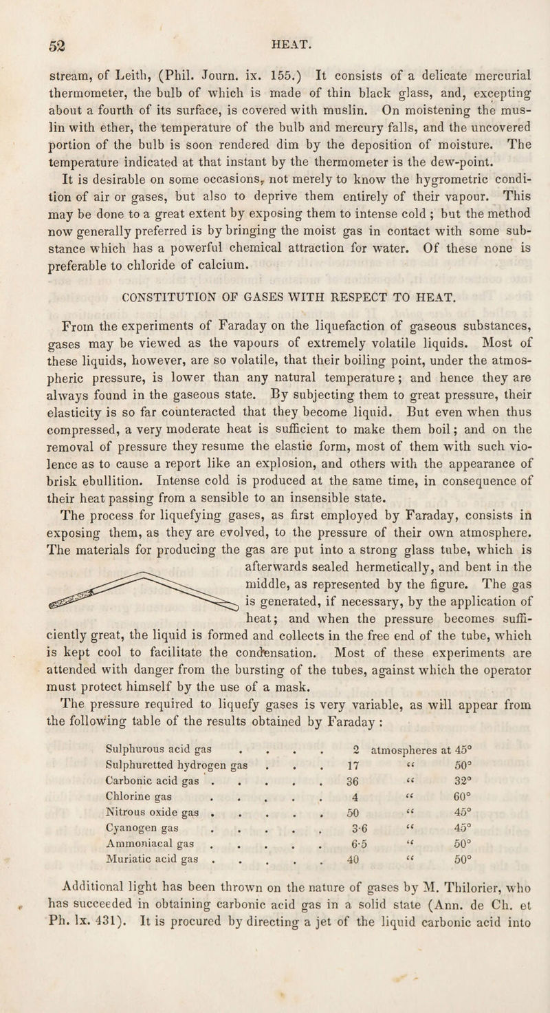 stream, of Leith, (Phil. Journ. ix. 155.) It consists of a delicate mercurial thermometer, the bulb of which is made of thin black glass, and, excepting about a fourth of its surface, is covered with muslin. On moistening the mus¬ lin with ether, the temperature of the bulb and mercury falls, and the uncovered portion of the bulb is soon rendered dim by the deposition of moisture. The temperature indicated at that instant by the thermometer is the dew-point. It is desirable on some occasions,, not merely to know the hygrometric condi¬ tion of air or gases, but also to deprive them entirely of their vapour. This may be done to a great extent by exposing them to intense cold ; but the method now generally preferred is by bringing the moist gas in contact with some sub¬ stance which has a powerful chemical attraction for water. Of these none is preferable to chloride of calcium. CONSTITUTION OF GASES WITH RESPECT TO HEAT. From the experiments of Faraday on the liquefaction of gaseous substances, gases may be viewed as the vapours of extremely volatile liquids. Most of these liquids, however, are so volatile, that their boiling point, under the atmos¬ pheric pressure, is lower than any natural temperature; and hence they are always found in the gaseous state. By subjecting them to great pressure, their elasticity is so far counteracted that they become liquid. But even when thus compressed, a very moderate heat is sufficient to make them boil; and on the removal of pressure they resume the elastic form, most of them with such vio¬ lence as to cause a report like an explosion, and others with the appearance of brisk ebullition. Intense cold is produced at the same time, in consequence of their heat passing from a sensible to an insensible state. The process for liquefying gases, as first employed by Faraday, consists in exposing them, as they are evolved, to the pressure of their own atmosphere. The materials for producing the gas are put into a strong glass tube, which is afterwards sealed hermetically, and bent in the middle, as represented by the figure. The gas is generated, if necessary, by the application of heat; and when the pressure becomes suffi¬ ciently great, the liquid is formed and collects in the free end of the tube, which is kept cool to facilitate the condensation. Most of these experiments are attended with danger from the bursting of the tubes, against which the operator must protect himself by the use of a mask. The pressure required to liquefy gases is very variable, as will appear from the following table of the results obtained by Faraday : Sulphurous acid gas . . 2 atmospheres at 45° Sulphuretted hydrogen gas 17 “ Ox o o Carbonic acid gas . 36 “ 32° Chlorine gas 4 “ o O Nitrous oxide gas . 50 “ 45° Cyanogen gas 3-6 “ 45° Ammoniacal gas 6-5 “ 50° Muriatic acid gas 40 “ 50° Additional light has been thrown on the nature of gases by M. Thilorier, who has succeeded in obtaining carbonic acid gas in a solid state (Ann. de Ch. et Ph. lx. 431). It is procured by directing a jet of the liquid carbonic acid into