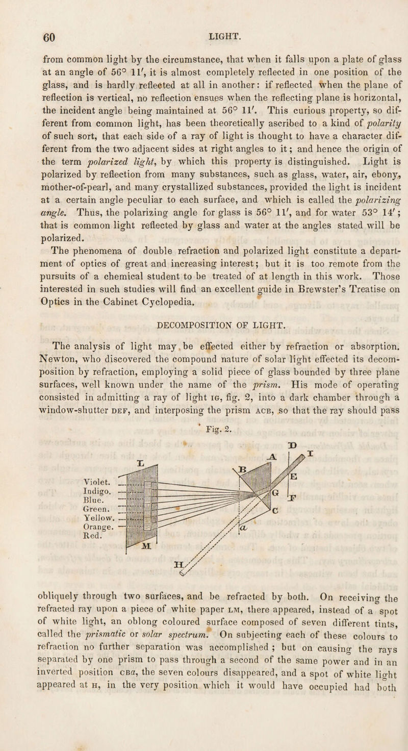 from common light by the circumstance, that when it falls upon a plate of glass at an angle of 56° 11', it is almost completely reflected in one position of the glass, and is hardly reflected at all in another: if reflected when the plane of reflection is vertical, no reflection ensues when the reflecting plane is horizontal, the incident angle being maintained at 56° 11'. This curious property, so dif¬ ferent from common light, has been theoretically ascribed to a kind of polarity of such sort, that each side of a ray of light is thought to have a character dif¬ ferent from the two adjacent sides at right angles to it; and hence the origin of the term polarized light, by which this property is distinguished. Light is polarized by reflection from many substances, such as glass, water, air, ebony, mother-of-pearl, and many crystallized substances, provided the light is incident at a certain angle peculiar to each surface, and which is called the polarizing angle. Thus, the polarizing angle for glass is 56° 11', and for water 53° 14'; that is common light reflected by glass and water at the angles stated will be polarized. The phenomena of double refraction and polarized light constitute a depart¬ ment of optics of great and increasing interest; but it is too remote from the pursuits of a chemical student to be treated of at length in this work. Those interested in such studies will find an excellent guide in Brewster’s Treatise on Optics in the Cabinet Cyclopedia. DECOMPOSITION OF LIGHT. The analysis of light may be effected either by refraction or absorption. Newton, who discovered the compound nature of solar light effected its decom¬ position by refraction, employing a solid piece of glass bounded by three plane surfaces, well known under the name of the prism. His mode of operating consisted in admitting a ray of light ig, fig. 2, into a dark chamber through a window-shutter def, and interposing the prism acb, so that the ray should pass Fig. 2. D obliquely through two surfaces, and be refracted by both. On receiving the refracted ray upon a piece of white paper lm, there appeared, instead of a spot of white light, an oblong coloured surface composed of seven different tints, called the prismatic or solar spectrum. On subjecting each of these colours to refraction no further separation was accomplished ; but on causing the rays separated by one prism to pass through a second of the same power and in an inverted position CBa, the seven colours disappeared, and a spot of white lio-ht appeared at h, in the very position which it would have occupied had both