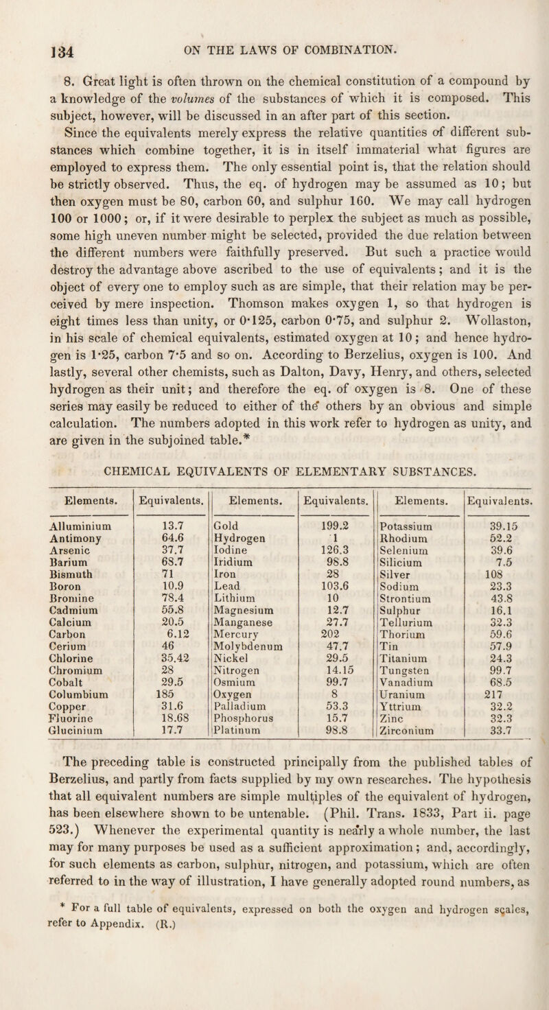 8. Great light is often thrown on the chemical constitution of a compound by a knowledge of the volumes of the substances of which it is composed. This subject, however, will be discussed in an after part of this section. Since the equivalents merely express the relative quantities of different sub¬ stances which combine together, it is in itself immaterial what figures are employed to express them. The only essential point is, that the relation should be strictly observed. Thus, the eq. of hydrogen maybe assumed as 10; but then oxygen must be 80, carbon 60, and sulphur 160. We may call hydrogen 100 or 1000; or, if it were desirable to perplex the subject as much as possible, some high uneven number might be selected, provided the due relation between the different numbers were faithfully preserved. But such a practice would destroy the advantage above ascribed to the use of equivalents; and it is the object of every one to employ such as are simple, that their relation may be per¬ ceived by mere inspection. Thomson makes oxygen 1, so that hydrogen is eight times less than unity, or 0*125, carbon 0*75, and sulphur 2. Wollaston, in his scale of chemical equivalents, estimated oxygen at 10; and hence hydro¬ gen is 1*25, carbon 7*5 and so on. According to Berzelius, oxygen is 100. And lastly, several other chemists, such as Dalton, Davy, Henry, and others, selected hydrogen as their unit; and therefore the eq. of oxygen is 8. One of these series may easily be reduced to either of the' others by an obvious and simple calculation. The numbers adopted in this work refer to hydrogen as unity, and are given in the subjoined table.* CHEMICAL EQUIVALENTS OF ELEMENTARY SUBSTANCES. Elements. Equivalents. Elements. Equivalents. Elements. Equivalents. Alluminium 13.7 Gold 199.2 Potassium 39.15 Antimony 64.6 Hydrogen 1 Rhodium 52.2 Arsenic 37.7 Iodine 126.3 Selenium 39.6 Barium 6S.7 Iridium 98.8 Silicium 7.5 Bismuth 71 Iron 28 Silver 108 Boron 10.9 Lead 103.6 Sodium 23.3 Bromine 78.4 Lithium 10 Strontium 43.8 Cadmium 55.8 Magnesium 12.7 Sulphur 16.1 Calcium 20.5 Manganese 27.7 Tellurium 32.3 Carbon 6.12 Mercury 202 Thorium 59.6 Cerium 46 Molybdenum 47.7 Tin 57.9 Chlorine 35.42 Nickel 29.5 Titanium 24.3 Chromium 28 Nitrogen 14.15 Tungsten 99.7 Cobalt 29.5 Osmium 99.7 Vanadium 68.5 Columbium 185 Oxygen 8 Uranium 217 Copper 31.6 Palladium 53.3 Y ttrium 32.2 Fluorine 18.68 Phosphorus 15.7 Zinc 32.3 Glucinium 17.7 Platinum 98.8 Zirconium 33.7 The preceding table is constructed principally from the published tables of Berzelius, and partly from facts supplied by my own researches. The hypothesis that all equivalent numbers are simple multiples of the equivalent of hydrogen, has been elsewhere shown to be untenable. (Phil. Trans. 1833, Part ii. page 523.) Whenever the experimental quantity is nea'rly a whole number, the last may for many purposes be used as a sufficient approximation ; and, accordingly, for such elements as carbon, sulphur, nitrogen, and potassium, which are often referred to in the way of illustration, I have generally adopted round numbers, as * For a full table of equivalents, expressed on both the oxygen and hydrogen sqales, refer to Appendix. (R.)